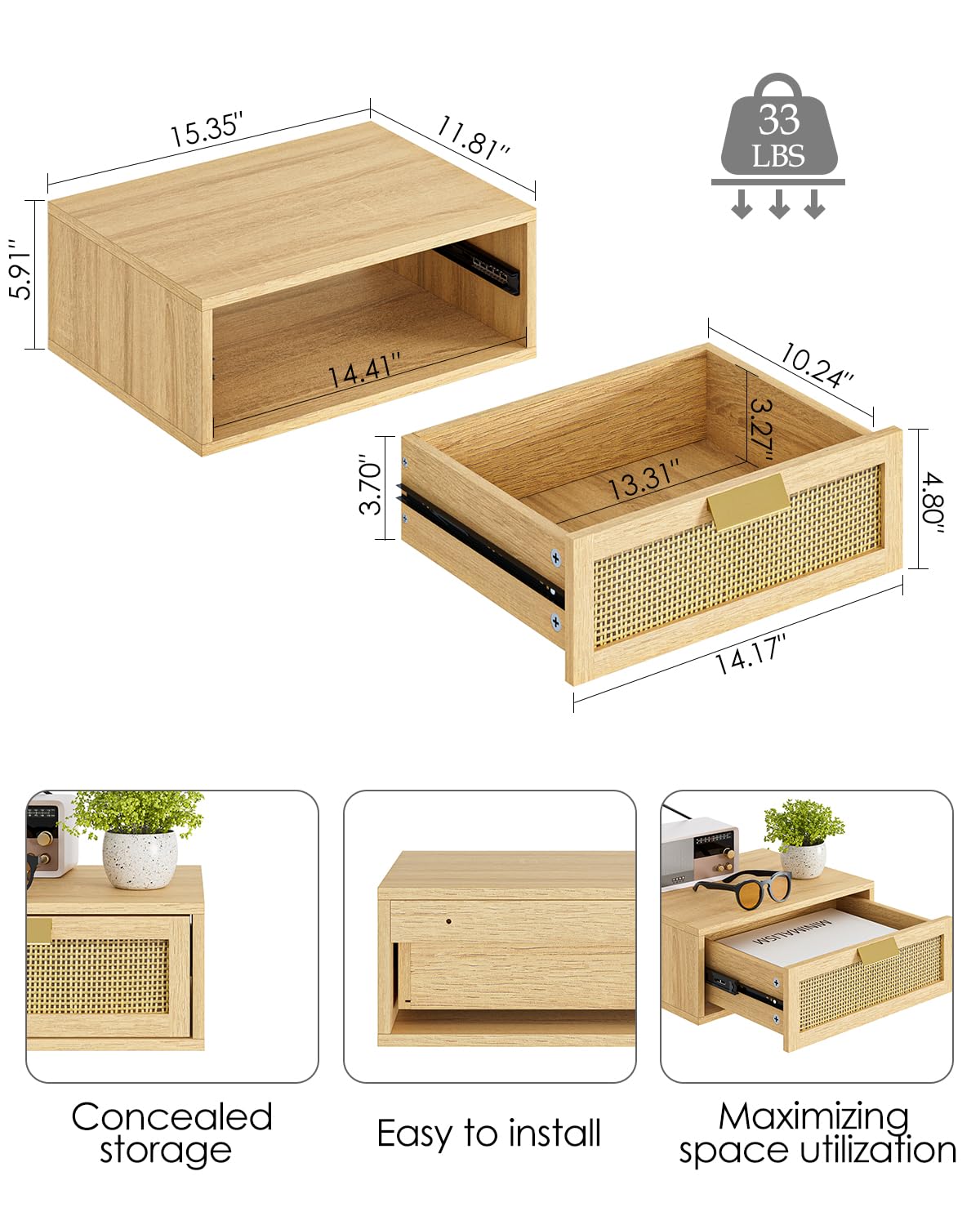 Aienvey Floating Nightstand, Floating Shelf with Drawer, Wall Mounted Nightstand, Floating Bedside Table (Oak Rattan)