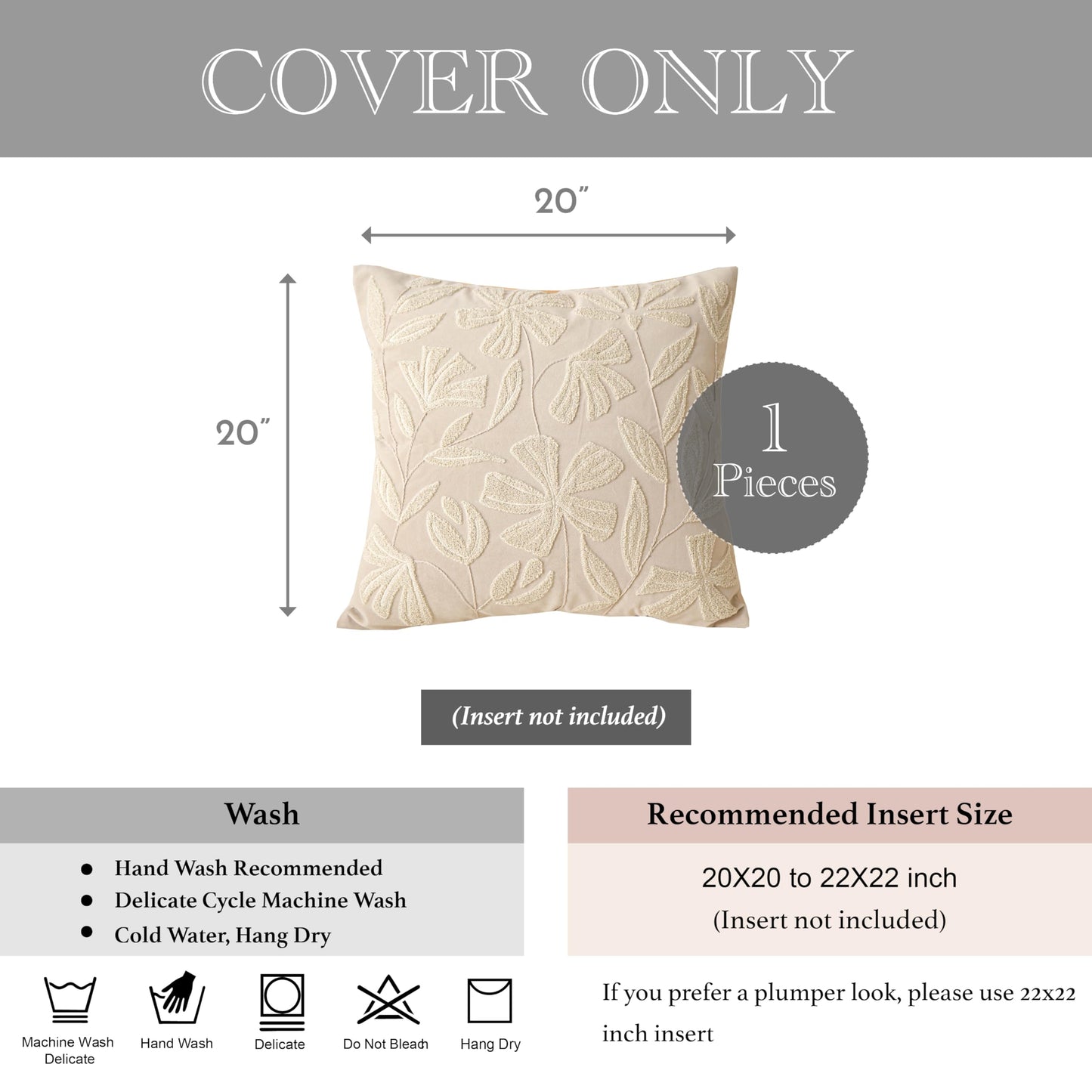 BlissBlush Decorative Throw Pillow Cover 20x20, Beige Neutral Velvet Accent Cushion Cover for Couch Sofa Living Room, Floral Tufted Square Pillowcase (Cover Only)