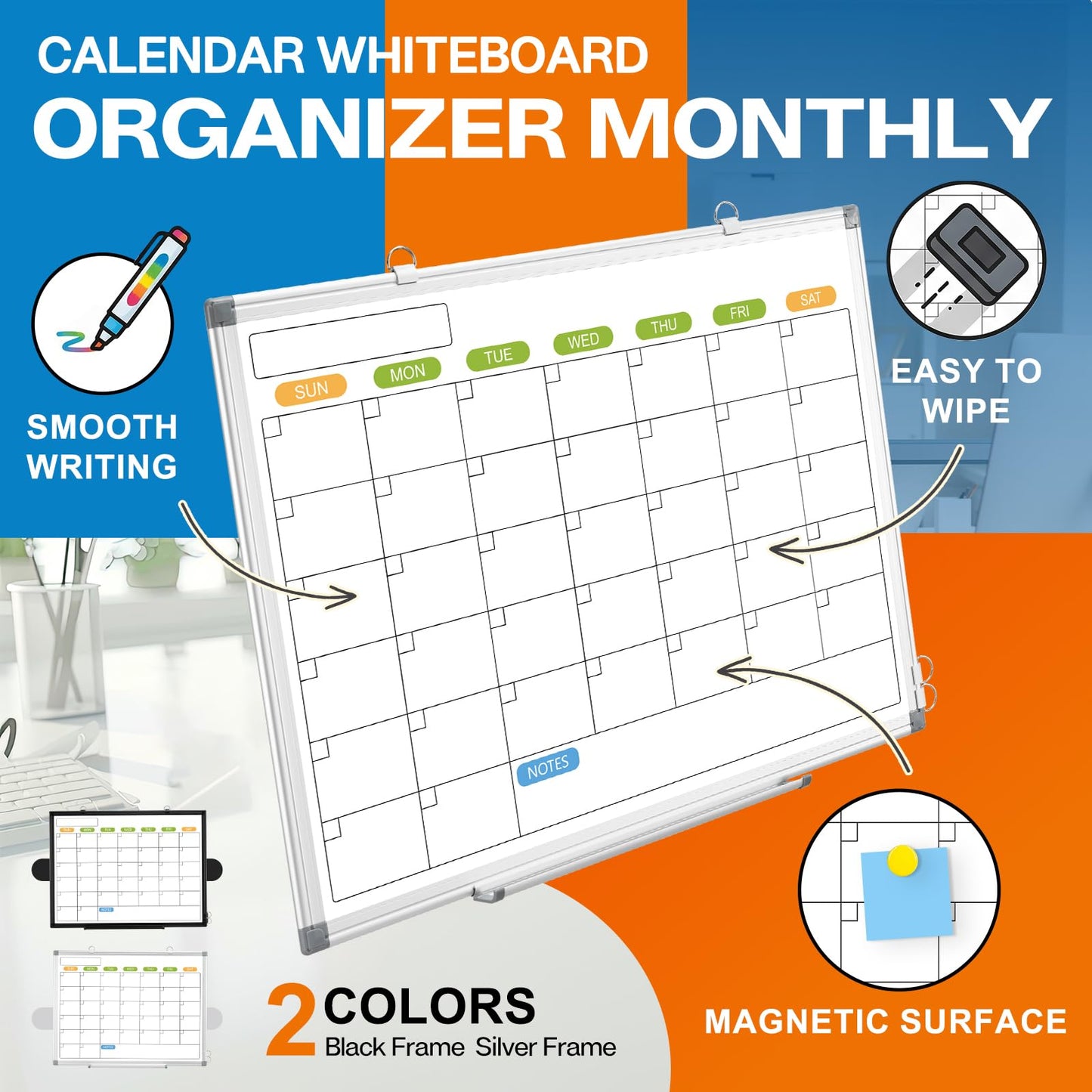 Monthly Calendar Dry Erase Whiteboard for Wall, 36" x 24" Magnetic Dry Erase Board, Hanging Double-Sided White Board, Portable Board for School, Planning, Memo, Home, Office, 2025 Calendar
