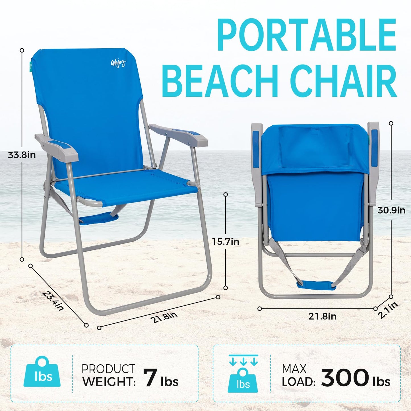 #WEJOY Tall Folding Beach Chair for Adults, Lightweight Beach Chair with Shoulder Straps, High Back Camping Chairs with Hard Armrest, Supports 300lbs for Outdoor Lawn Concert (Blue)
