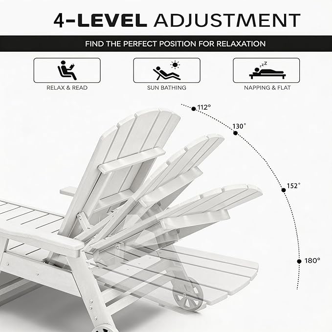 Outdoor Lounge Chair, HDPE 4-Position Adjustable Chaise Lounge Outdoor