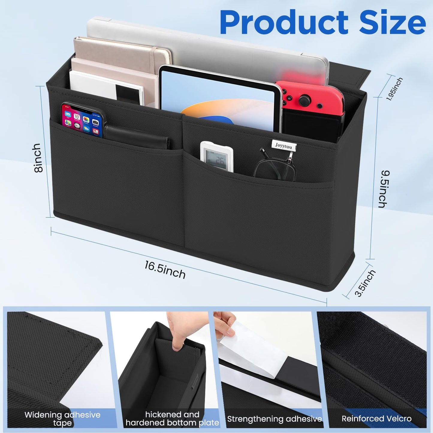 JOYYTUU Desk Side Hanging Organizer, Adhesive Storage Bag with Pockets for Magazine Ipad Notebook, for End Tables Home Office Desks Computer Workstations Dressing Table, Black