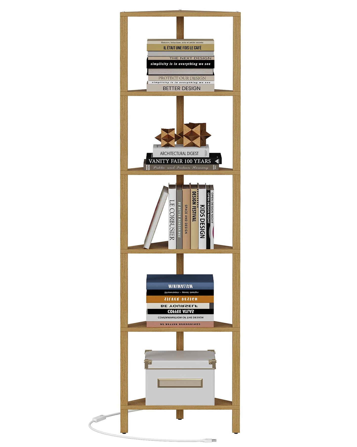 TUTOTAK Corner Shelf with LED Light, 6-Tier Corner Bookshelf for Small Space, Narrow Display Corner Shelf Stand with Storage Rack, for Living Room, Bedroom, Natural BS05BN006L