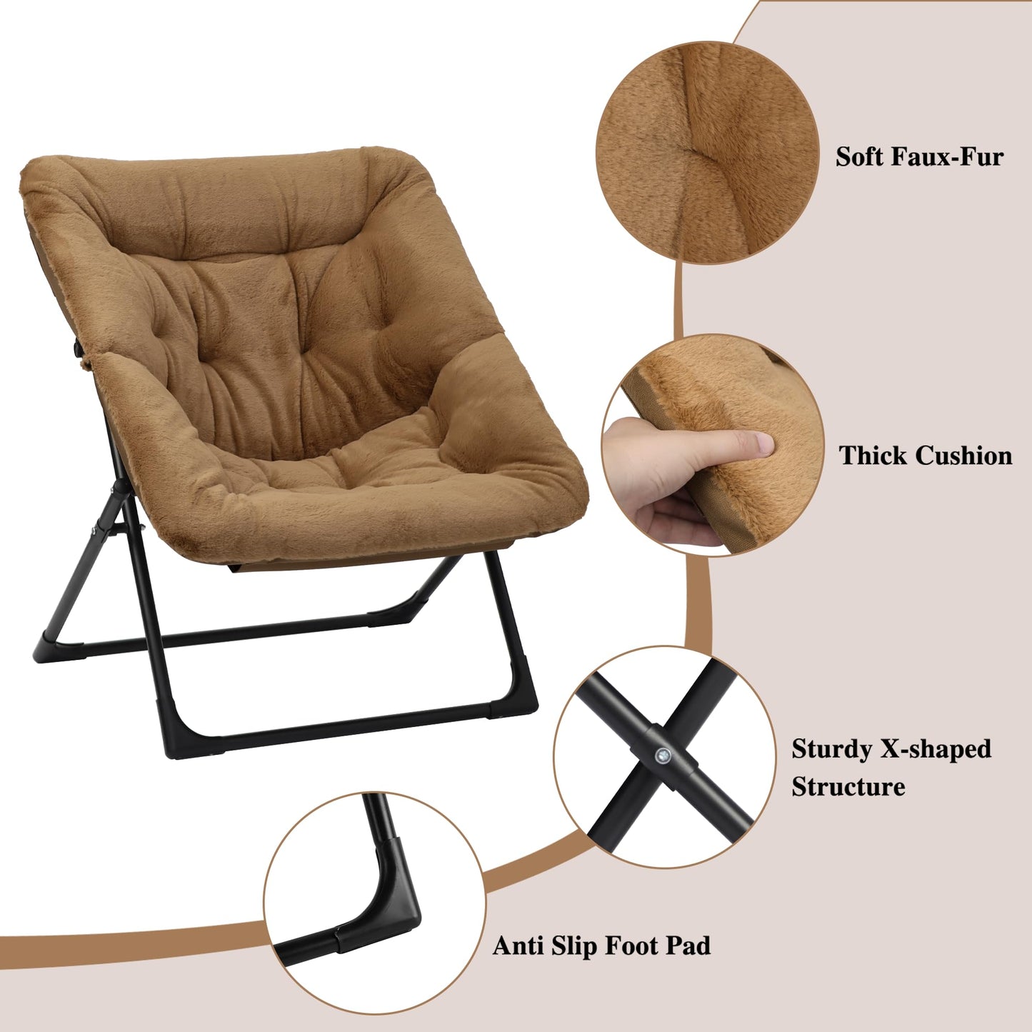 Mordchil HF Comfy Saucer Chair for Adults, Set of 2, Soft Faux Fur Bedroom Chair, Accent Dorm Chairs, Flexible Living Room Reading Chairs, Oversized Folding Lounge Seat for Teens, X-Large, Brown