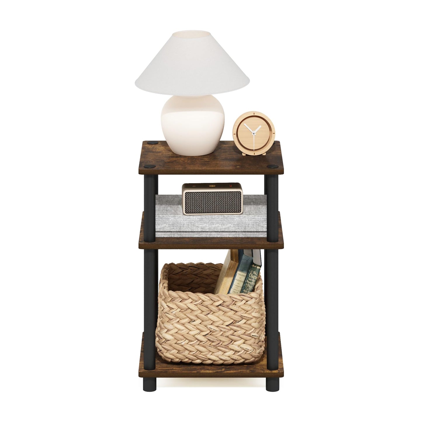Furinno JUST Side Table, 3-Tier End Table, Open Shelves Night Stand, Bedside Table, Toolless Assembly, for Living Room, Bedroom, Bathroom, Amber Pine