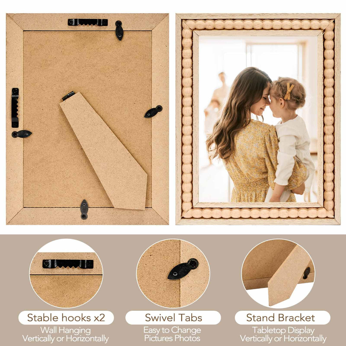 OMISHE Wood 5x7 Picture Frame with Decorative Beads for Wall Decor or Tabletop, Boho Rustic Handcrafted 5 x 7 Frame with Shatter Resitant Plexiglass, Natural