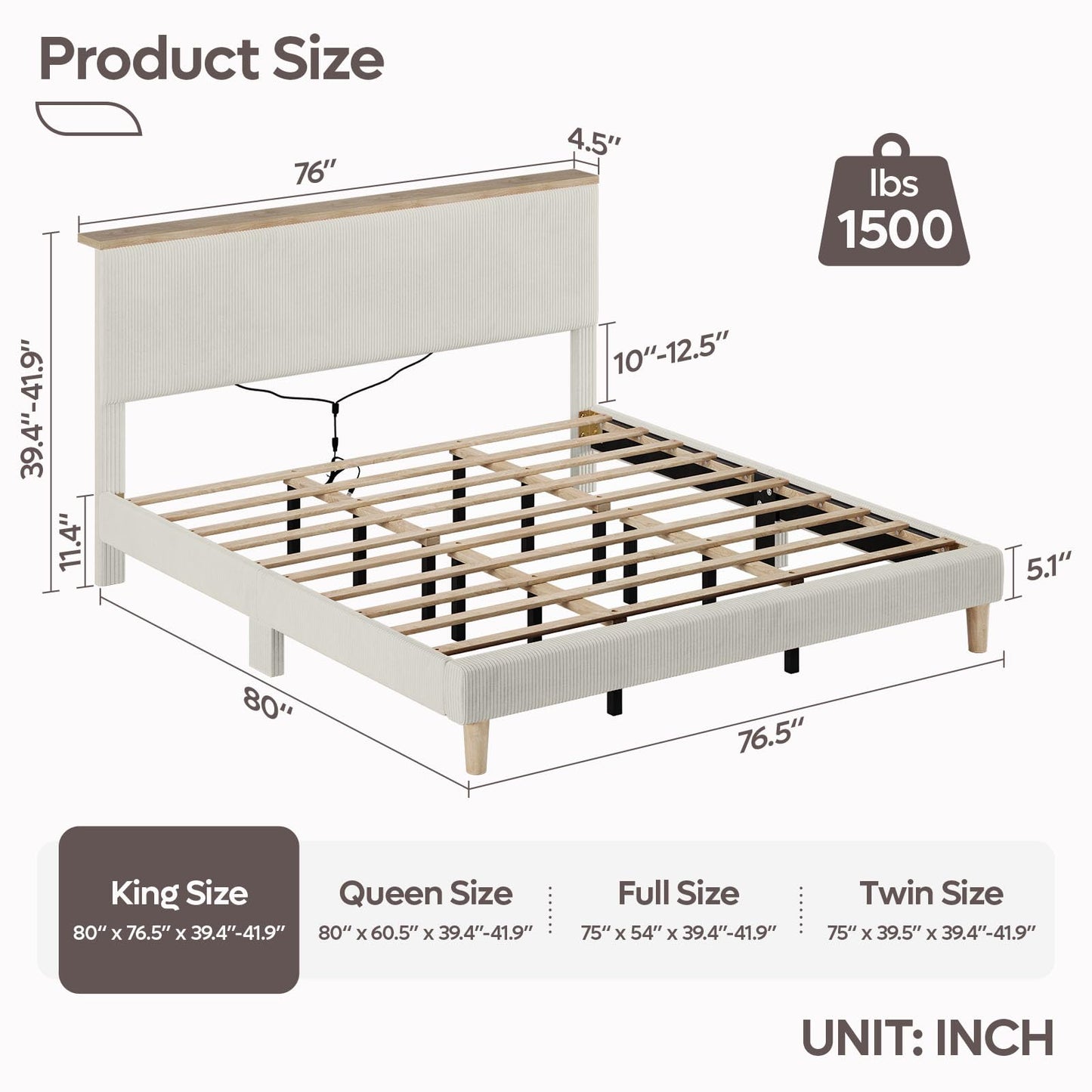 Bestier King Bed Frame with Adjustable Headboard & LEDLighting, Corduroy Upholstered Platform Bed Frame withStorage Shelf, Solid Wood Slats, No Box Spring Needed,Never Squeak, Easy Assembly, Beige