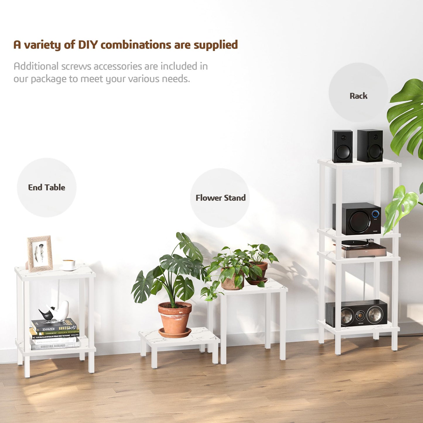 TUTOTAK End Table with Charging Station, Small Side Table with Outlets, Nightstand Bedside Table, 2-Tier Storage Shelf for Small Space, Living Room, Bedroom, Marble White TB01BMW040