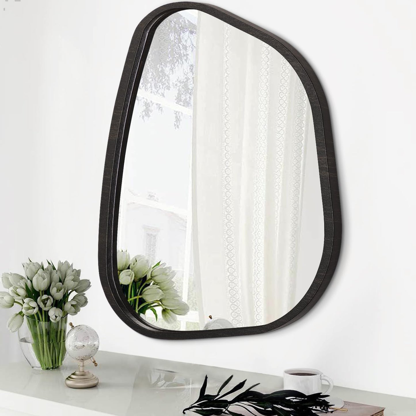HLFMVWE Asymmetrical Mirror for Wall Irregular Oval Wood Frame Modern Unique Wall Mirror Decorative Vanity Bathroom Living Room Bedroom Entryway Hallway Artistic Wavy Mirror Small 14"x10"