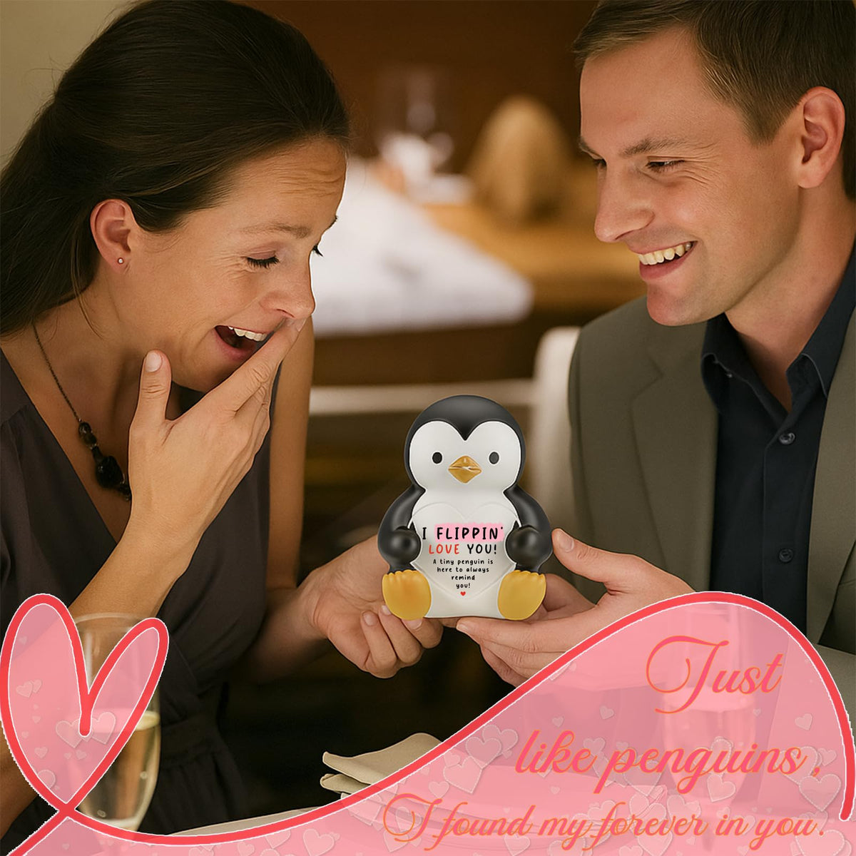 I Flippin’ Love You Penguin Figurine with Heart Plaque, Cute Penguin Collectible Desk Sign, Sentimental Gift for Friend, Family, Coworker, Birthday, Christmas, Anniversary Keepsake ES018