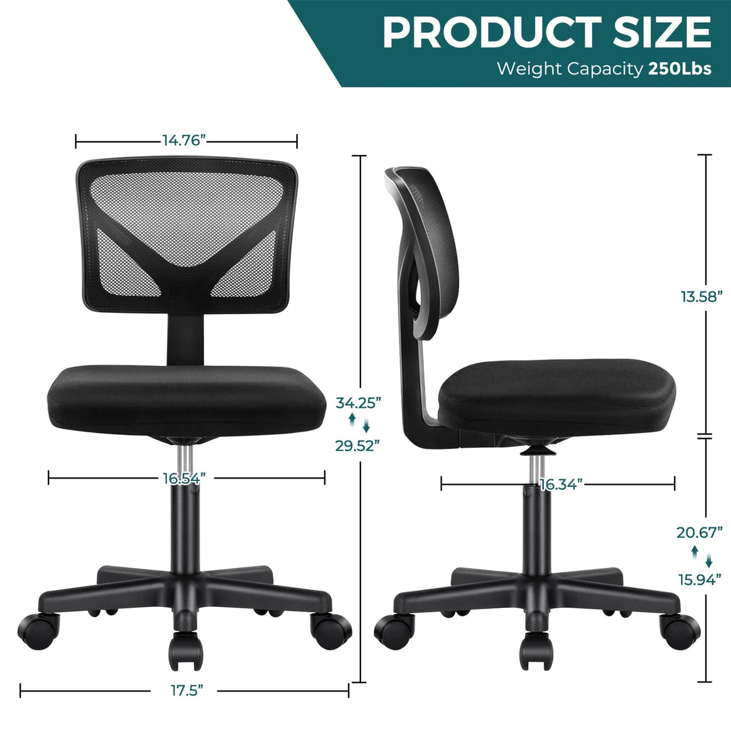 DUMOS Armless Desk Chairs Set of 2, Ergonomic Adjustable Home Office Swivel Rolling Task Chair No Arms, Comfy Mesh Mid Back Computer Work Vanity Desk Chiars with Wheels for Small Spaces, Black
