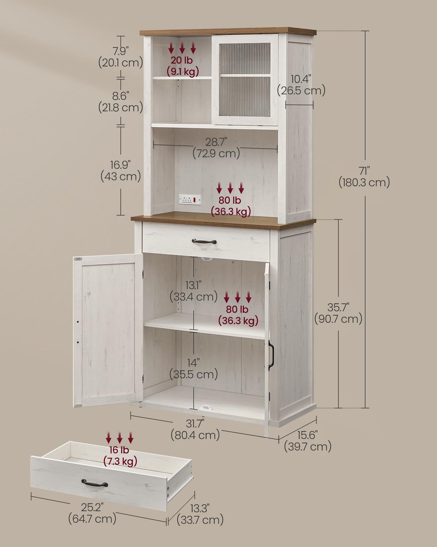 VASAGLE LIRY Collection - 71-Inch Tall Kitchen Pantry Cabinet with Lights and Charging Station, Coffee Bar Cabinet with Doors and Drawer, Farmhouse Style, Adjustable Shelves, Rustic White UBBK363W12