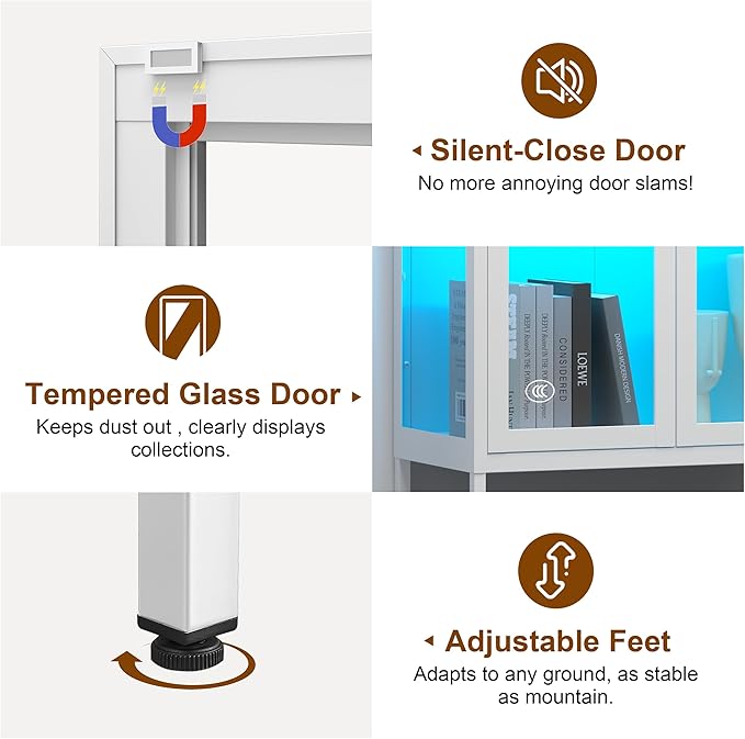 UNICOLY Display Cabinet with Glass Doors, Glass Display Cabinet with 8 Color