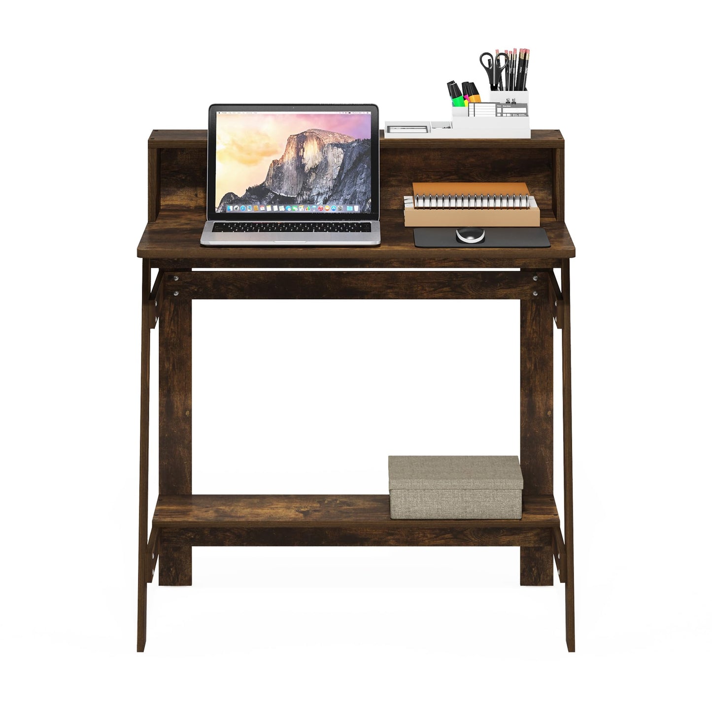 Furinno Simplistic Desk, 32" Wide Gaming Desk with Monitor Stand, A Frame Computer Desk with Shelf, Office Desk for Home Office, Bedroom, Study Room, Dorm, Amber Pine
