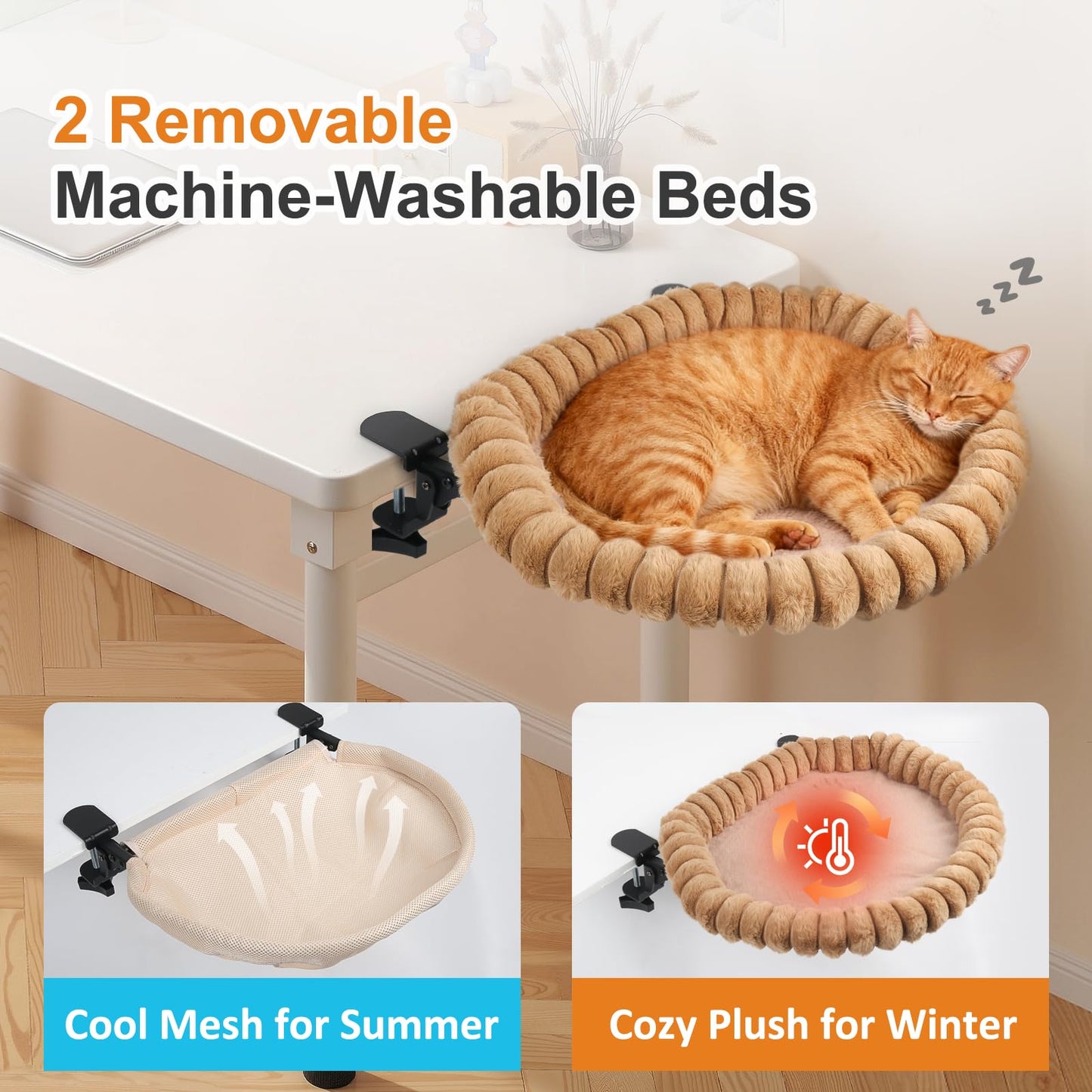 Pawow Large Cat Desk Bed, 90° Foldable Space-Saving & Sturdy Dual-Clamp, 2 Washable Covers(Faux Fur & Mesh), Metal Frame, Supports up to 40 Lbs, Pet Perch Desktop Hammock for Small to Large Cats