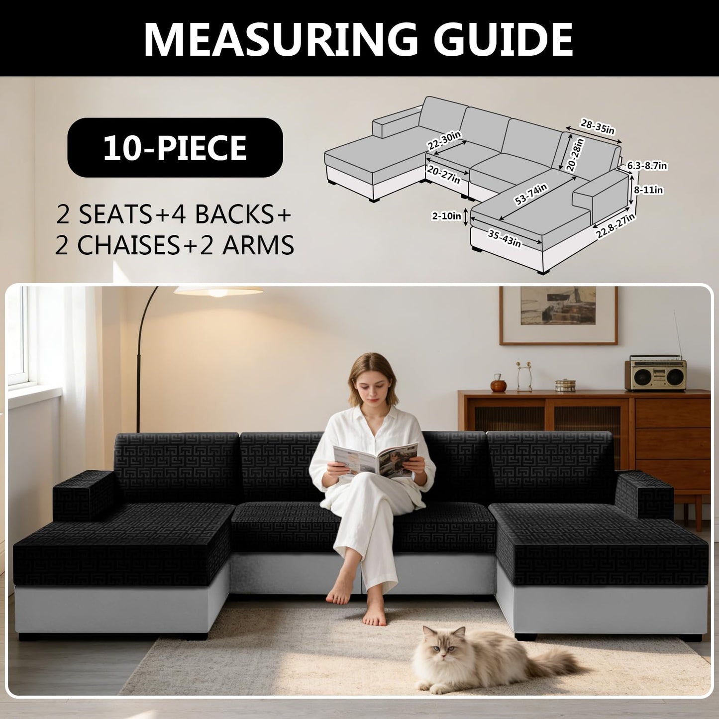 UNBBRRL 10 Pieces Stretch Sofa Cushion Covers for U-Shaped Modular Sectional Couch with 4 Seats+4 Backs+2 Arms, Upholstered Covers for Sofa Bed with Deep Double Chaise (Black,10 Pieces Set)