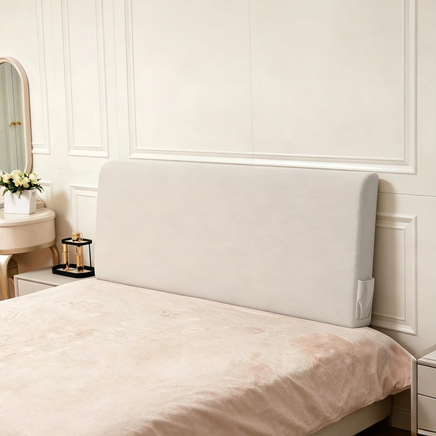 Upholstered Cotton Velvet Full Headboard No Assembly Required Direct Installation, Soft Headboard with Storage Pocket, Removable Washable Cover, 3D Soundproof Bed Wall Panels, 54x4x24, Beige
