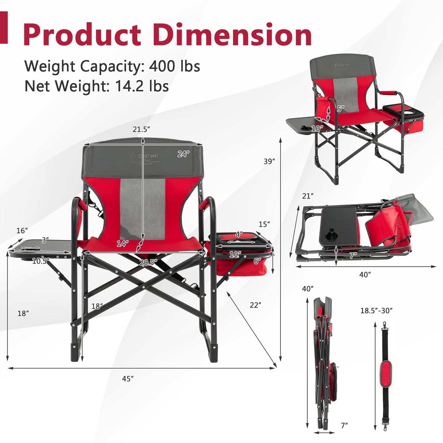 COSTWAY 2-Pack Folding Camping Chair, Heavy-Duty Director Chair Supports 400lbs for Adults with Side Table, Cooler Bag, Storage, Strap, Portable Makeup Chair Set of 2 for Fishing Picnic, Red