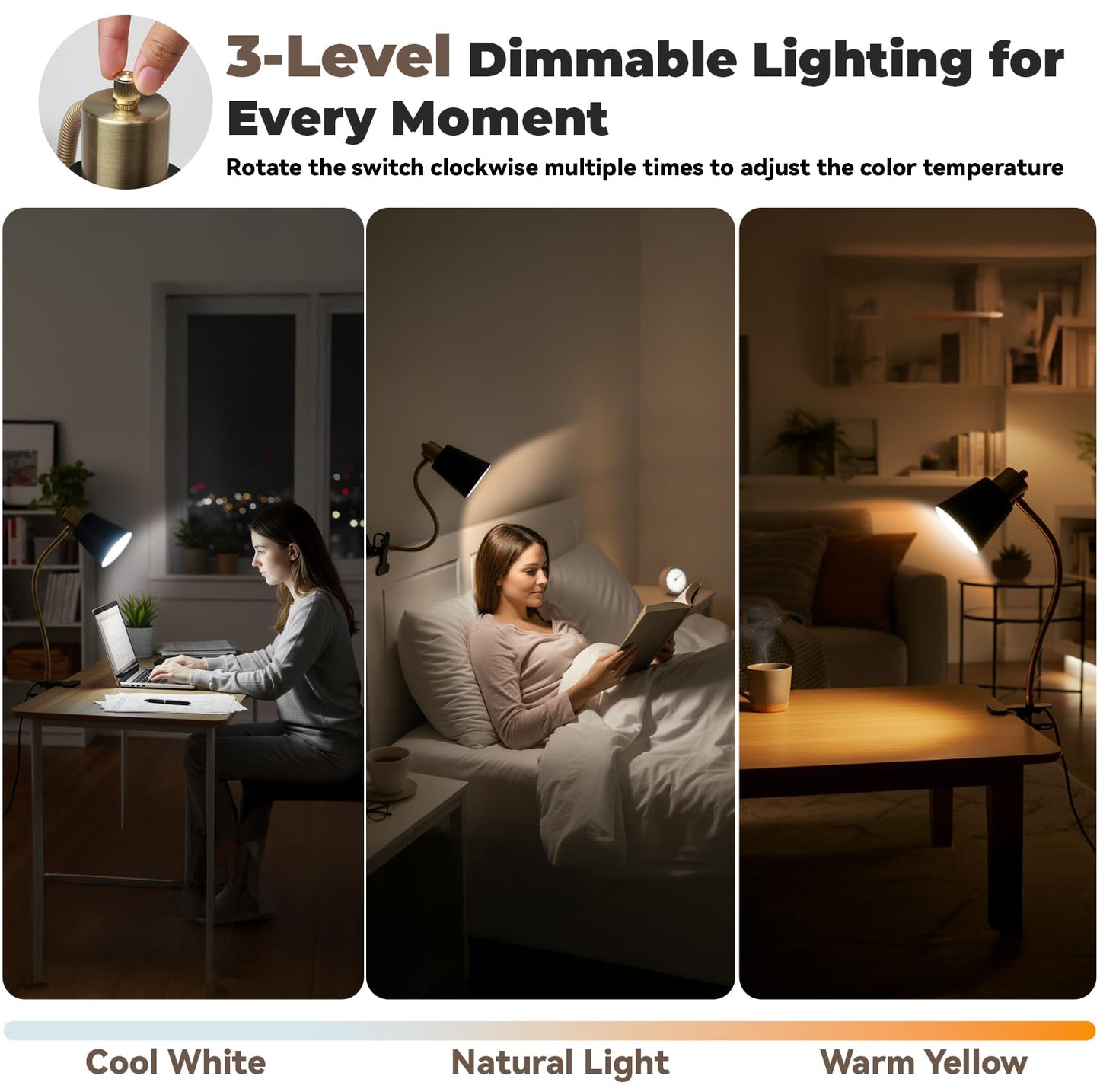 Desk lamp Eye-Caring Table Lamps, 360°Rotation Gooseneck Clip on Lamp Reading Light, Portable Reading Book Light, Clamp Light, Study Desk Lamps for Bedroom and Office Home Lighting (Black and Gold)
