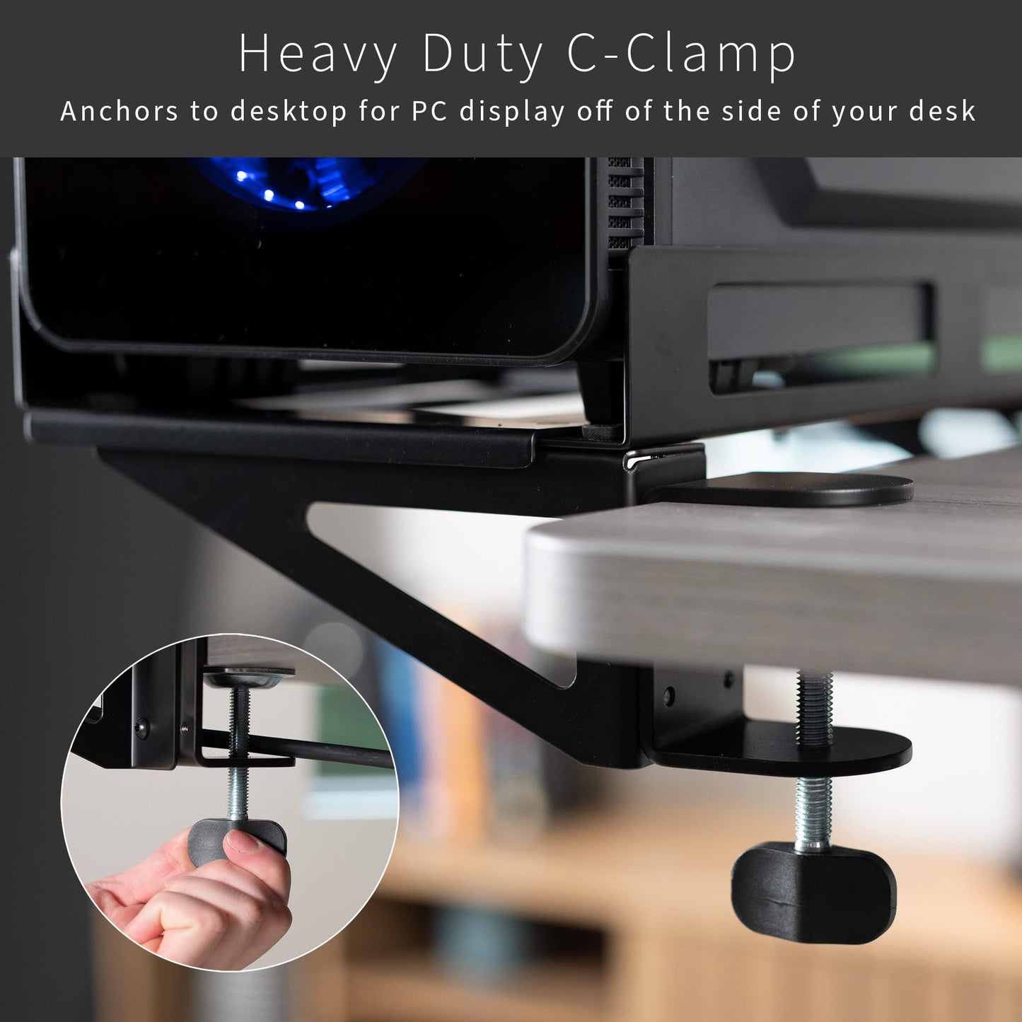 VIVO Clamp-on Desk Extender PC Desk Mount Holder with Wall Mount Option, Standard and Large Gaming Computer Case Stand, Adjustable with Secure Locking, Black, MOUNT-PC07G