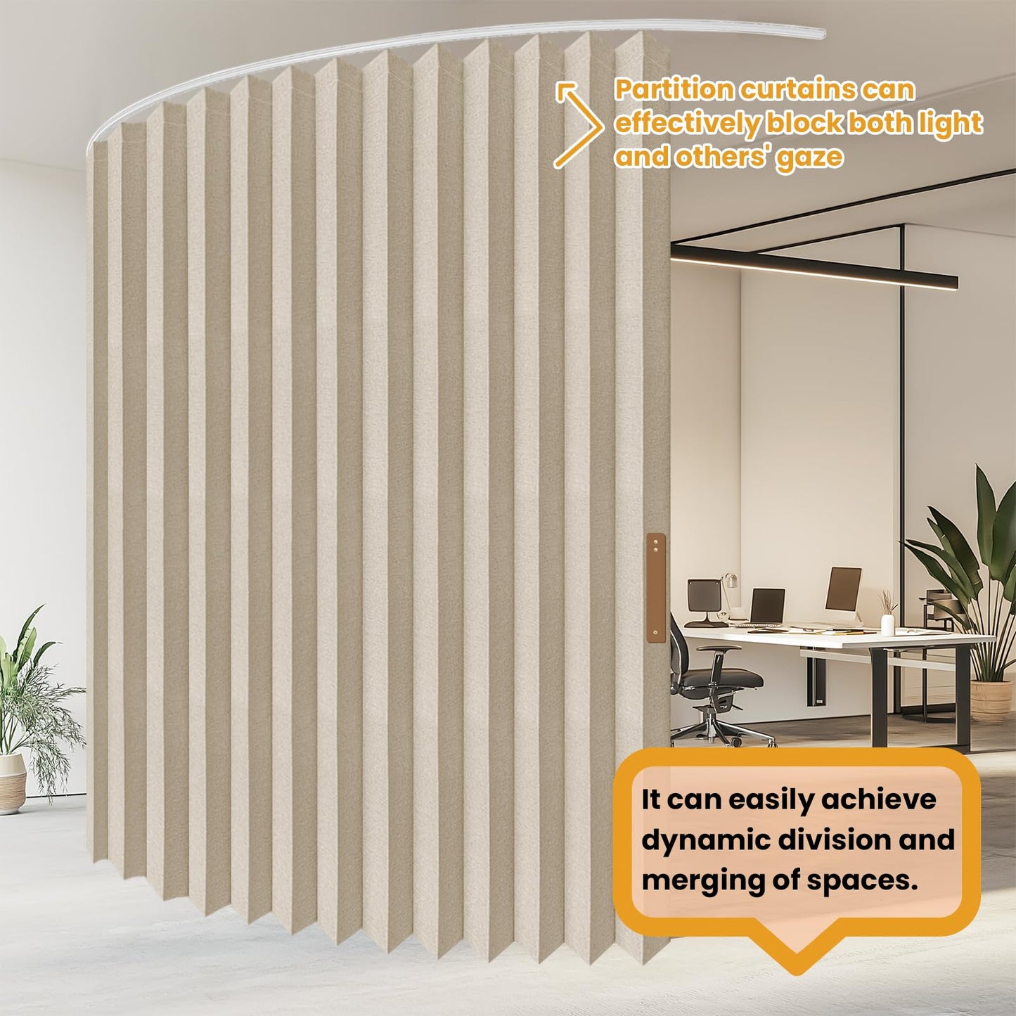 JILRON Accordion Folding Room Partition with Ceiling Track - Retractable Room Divider Curtain, Effortless Setup(Beige 100" W x 84" L-Pack of 1)