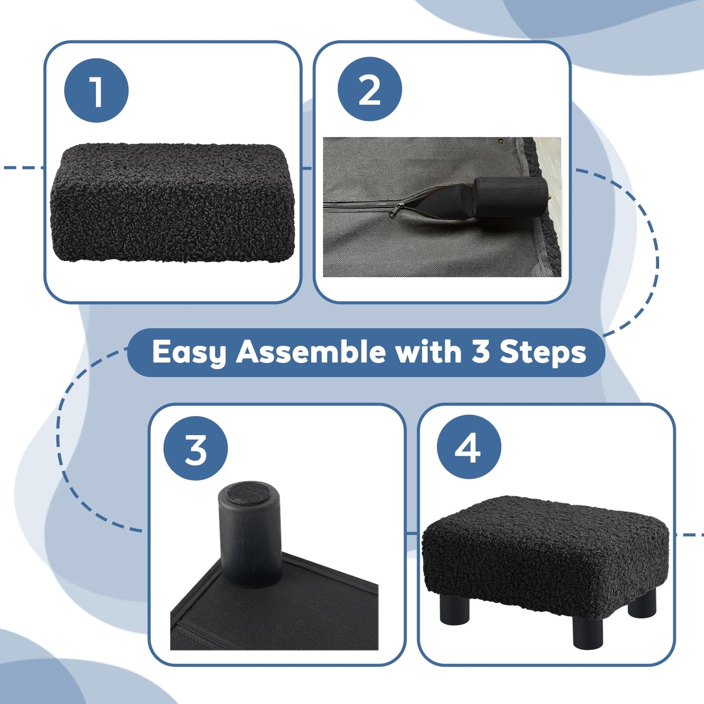 BRIAN & DANY Small Foot Stool Ottoman, Footstool with Legs, Sherpa Foot Rest for Couch, Foot Stools Small for Living Room, Bedroom and Office, Black