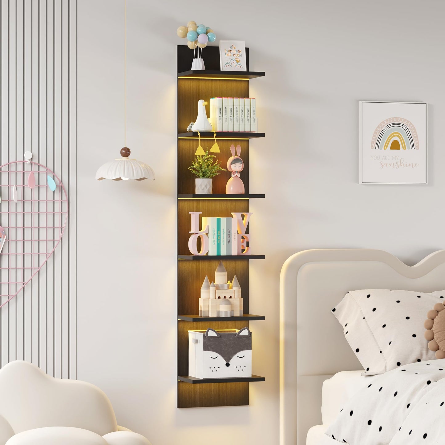 Qupui 6 Tier Wall Shelf Unit with LED Remote Control Light, 57 Inch Floating Storage Home Decor Organizer Shelving for Bedroom Living Room, Black