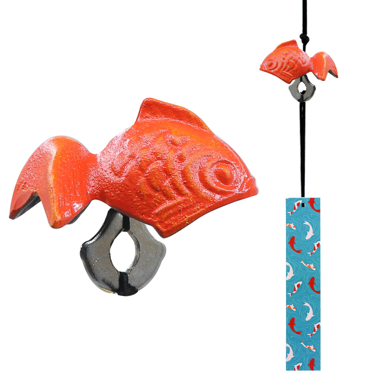 A.F.N.A.L Japanese Wind Chime Cast-Iron Outdoor Ornament for Garden, Patio & Balcony, Hanging Metal Wind-Bell Decoration Gift, Blessing Pendant Windchimes & PVC Wind-Catcher, Goldfish - Red