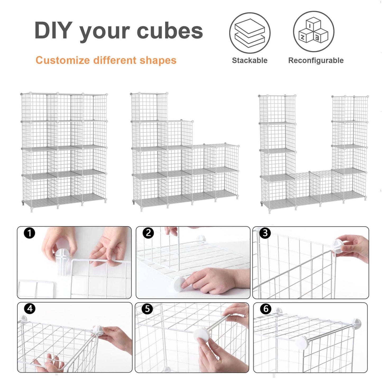 ATTDETJL 12-Cube Storage Organizer, Metal Wire Cube Shelving Unit, 11.8" L x 11.8" W x 11.8" H, Modular Grid Bookshelf for Closet, Bedroom, Office, White ATTJL12W