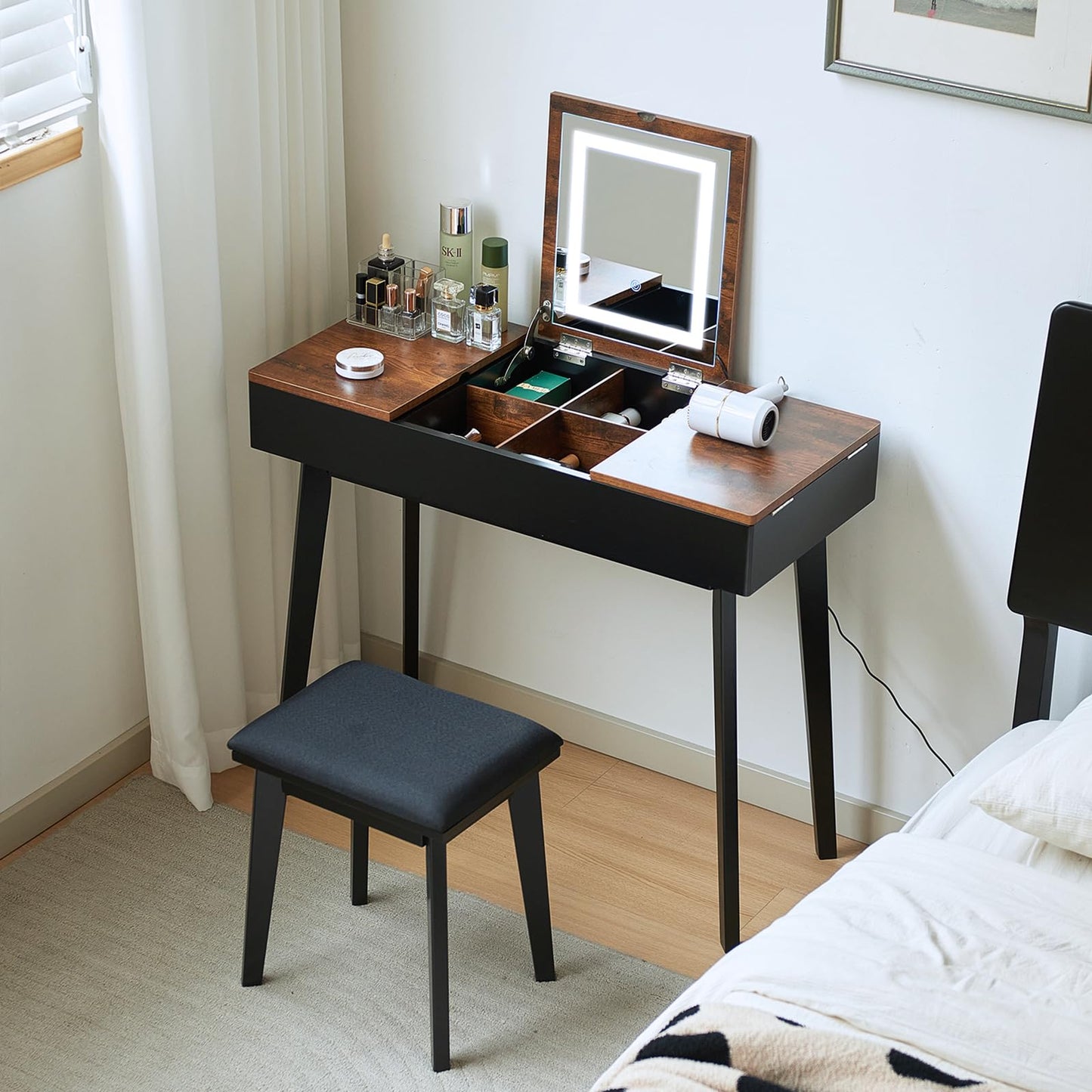 JanflyHome Vanity Desk, Flip Top Makeup Vanity Table with Power Outlet, Makeup Vanity Desk with Mirror & LED Light, Rustic Vanity Set with Cushioning Stool, Vintage Vanity for Bedroom, Black Brown