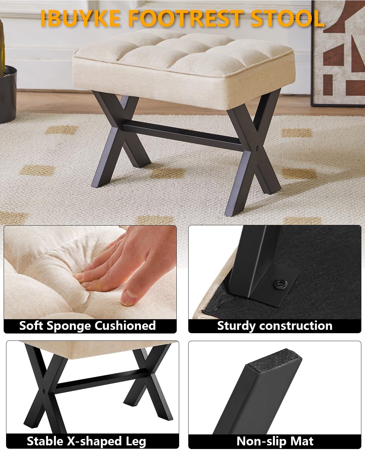 IBUYKE Small 12" H Footrest Stool, Square Linen Foot Stool with Metal X-Leg, Multi-Use as Small Side Table, Step Stool for Living Room, Bedroom, Entryway, Office, Linen WBD011Y
