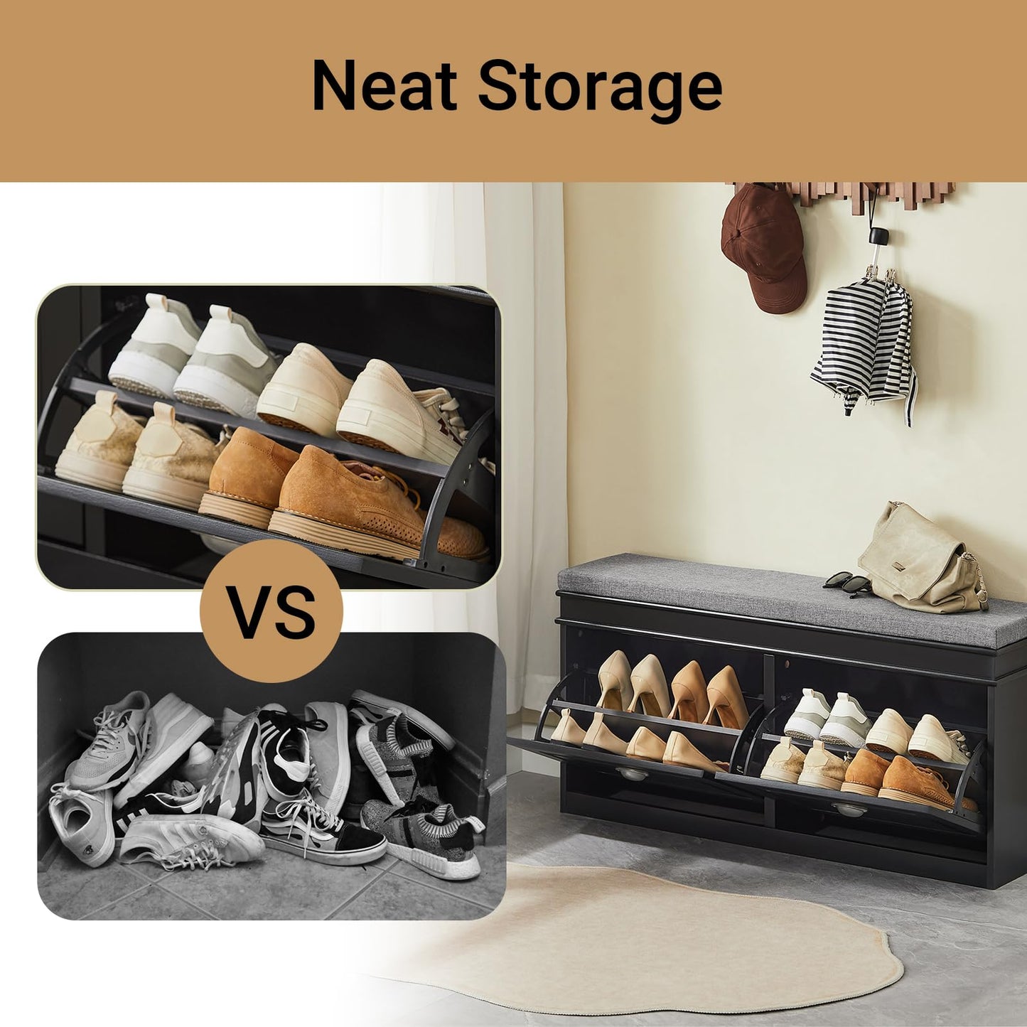 Haotian Black Storage Shoe Bench with 2 Flip Drawers, Hidden Shoe Bench, Free Standing Shoe Rack, Shoe Cabinet, Hallway Storage Bench with Seat Cushion FSR64-SCH