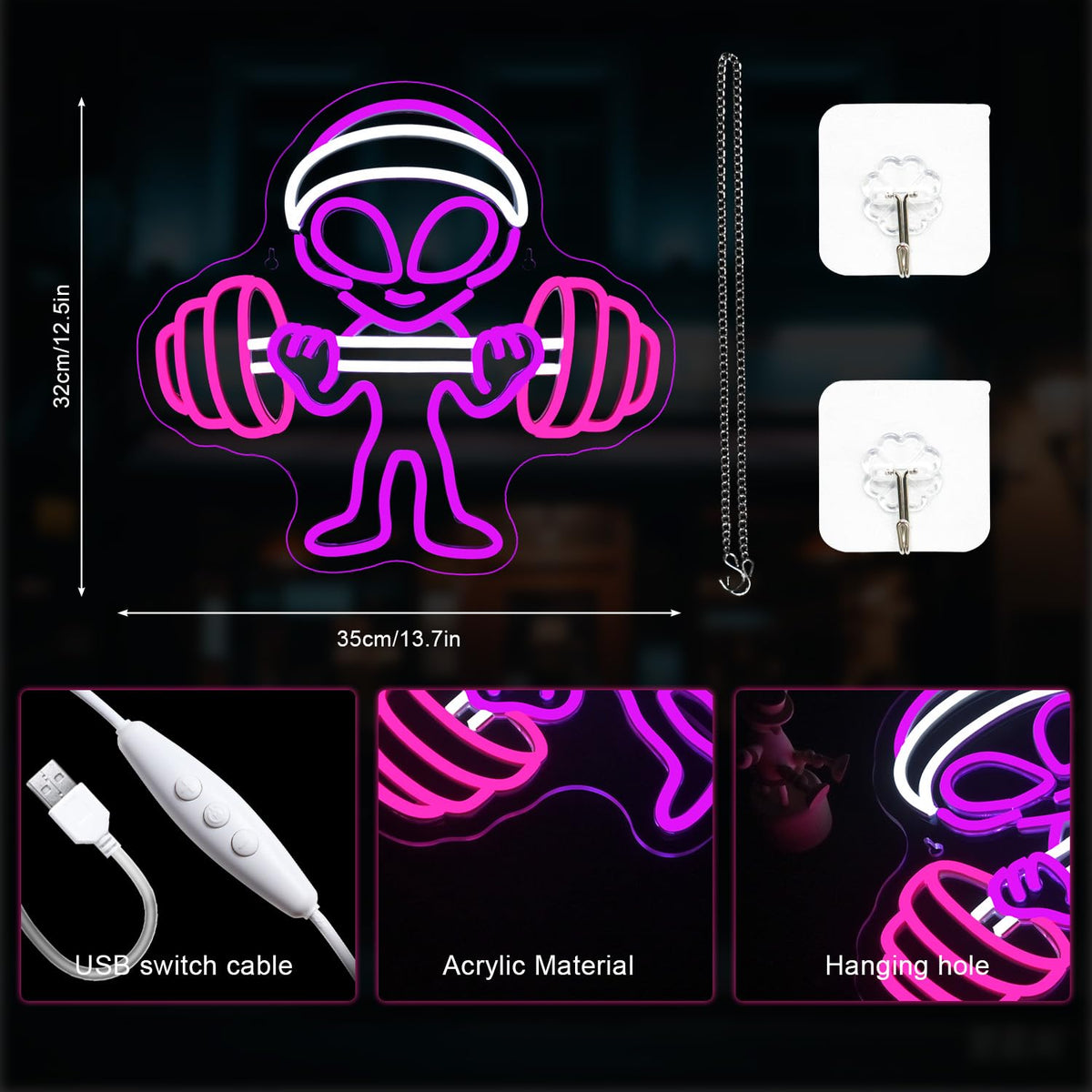 LUCUNSTAR Alien Neon Sign Dumbbell Gym Led Wall Decor LED Alien Light Shop Bar Man Cave Teen Room Game Room Decor Hip Hop Party Neon Signs Wall Decor Party Bedroom