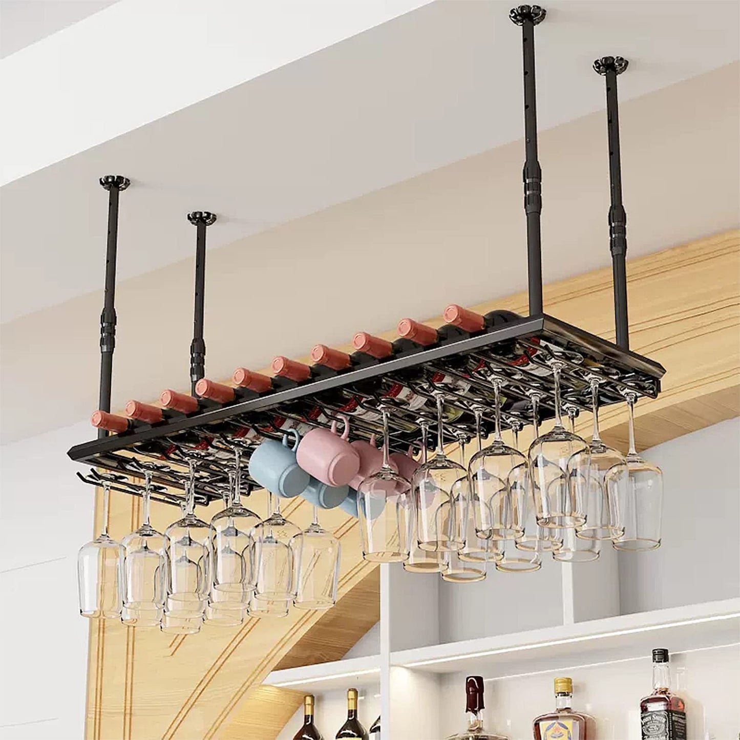 Wine Rack Wine Shelf Ceiling Adjustable Hanging Metal Wine Holder Floating Iron Bottle Holder Wine Shelf Storage Shelve for Bar Cafe Kitchen Party