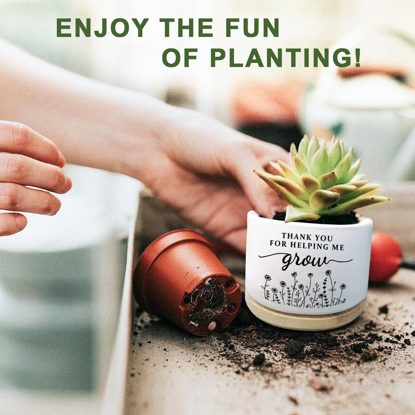 Aryabtya Thank You Teacher Appreciation Gift, Succulent Planter, Flower Cactus Plant Pot, Appreciation Gifts for Teachers Mom Women, Teacher Gifts Thank You for Helping Me Grow (No Plants)