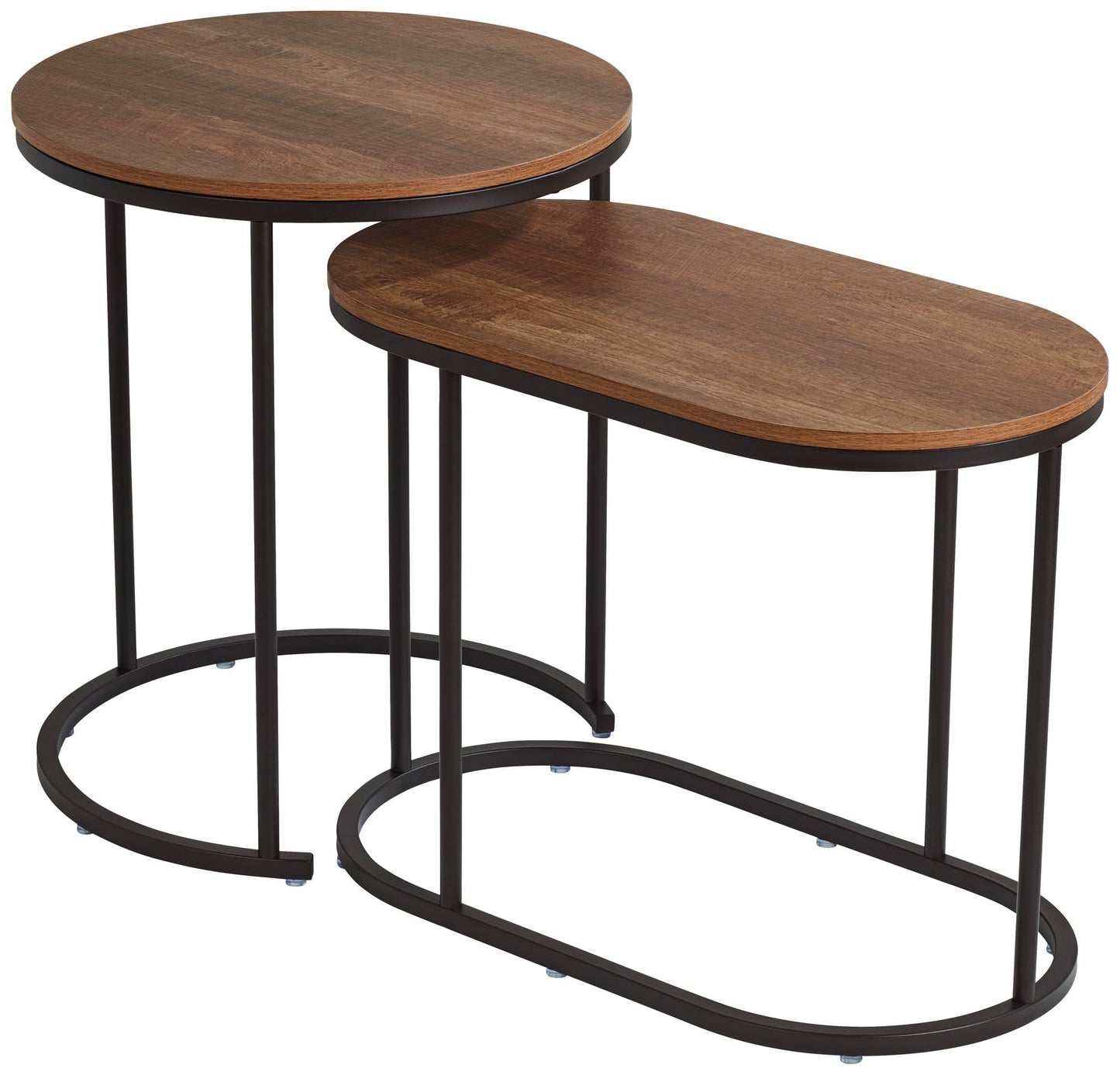 Studio 55D Santa Maria Modern Industrial Set of 2 Small Walnut Round Circle Oval Nesting Wood Black Metal Frame Accent Coffee Couch Side End Tables Living Room Decor Furniture Bedroom Home Office
