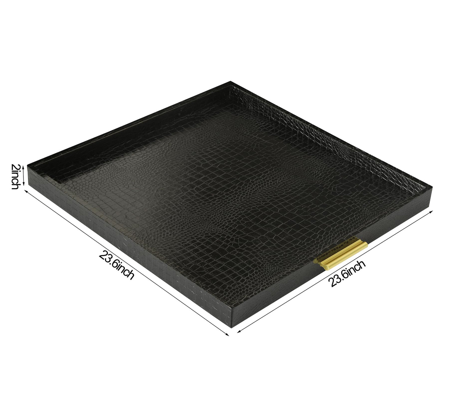 HofferRuffer Extra Large Square Serving Tray, Elegant Faux Leather Ottoman Tray with Gold Hardware Handles, Serve Tea, Coffee or Breakfast in Bed, 24 x 24 inches (Black Croco)