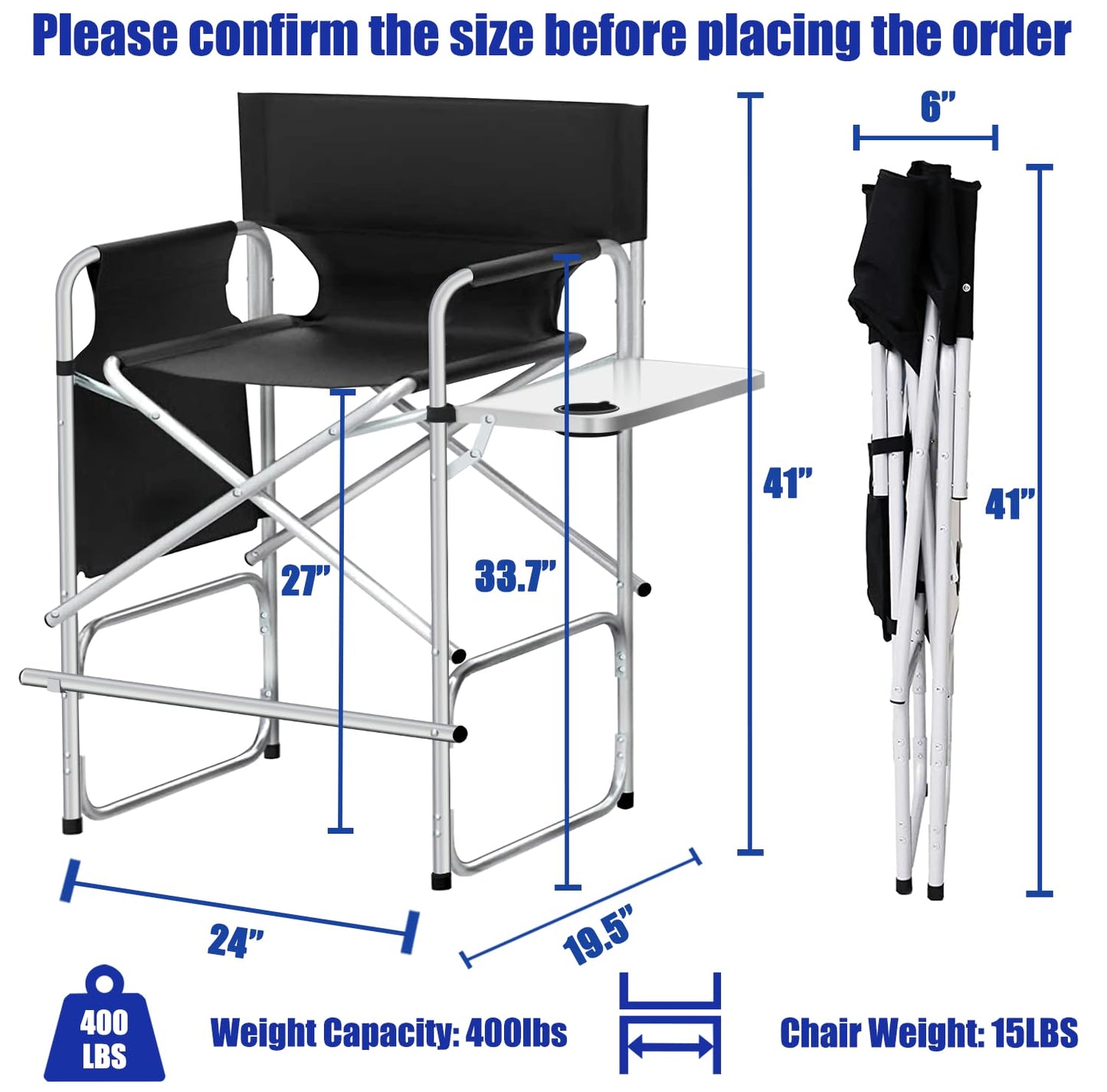 BRLJUNEO Tall Makeup Chair, Foldable Director Chairs, Portable Makeup Artist Chair w/Side Table Cup Holder Storage Bag and Footrest, 400LBS Load Capacity, Black, 41''