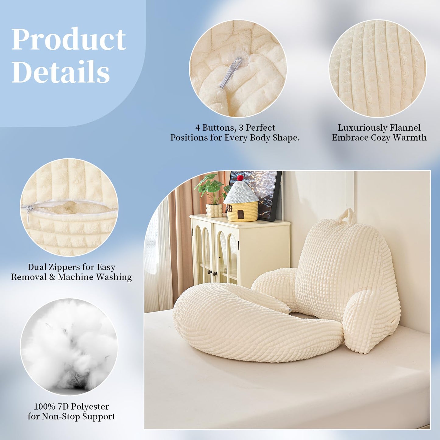 19" Reading Pillow for Bed,U Shaped Arm & Elbow Support,White Corduroy