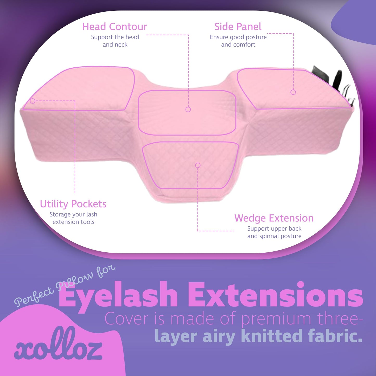 Lash Pillow for Eyelash Extensions - Curved Memory Foam Bed Pillow, Ergonomic Head Rest with Neck Support, Side Pockets for Tools, Fits Lash Beds for Tech – Pink