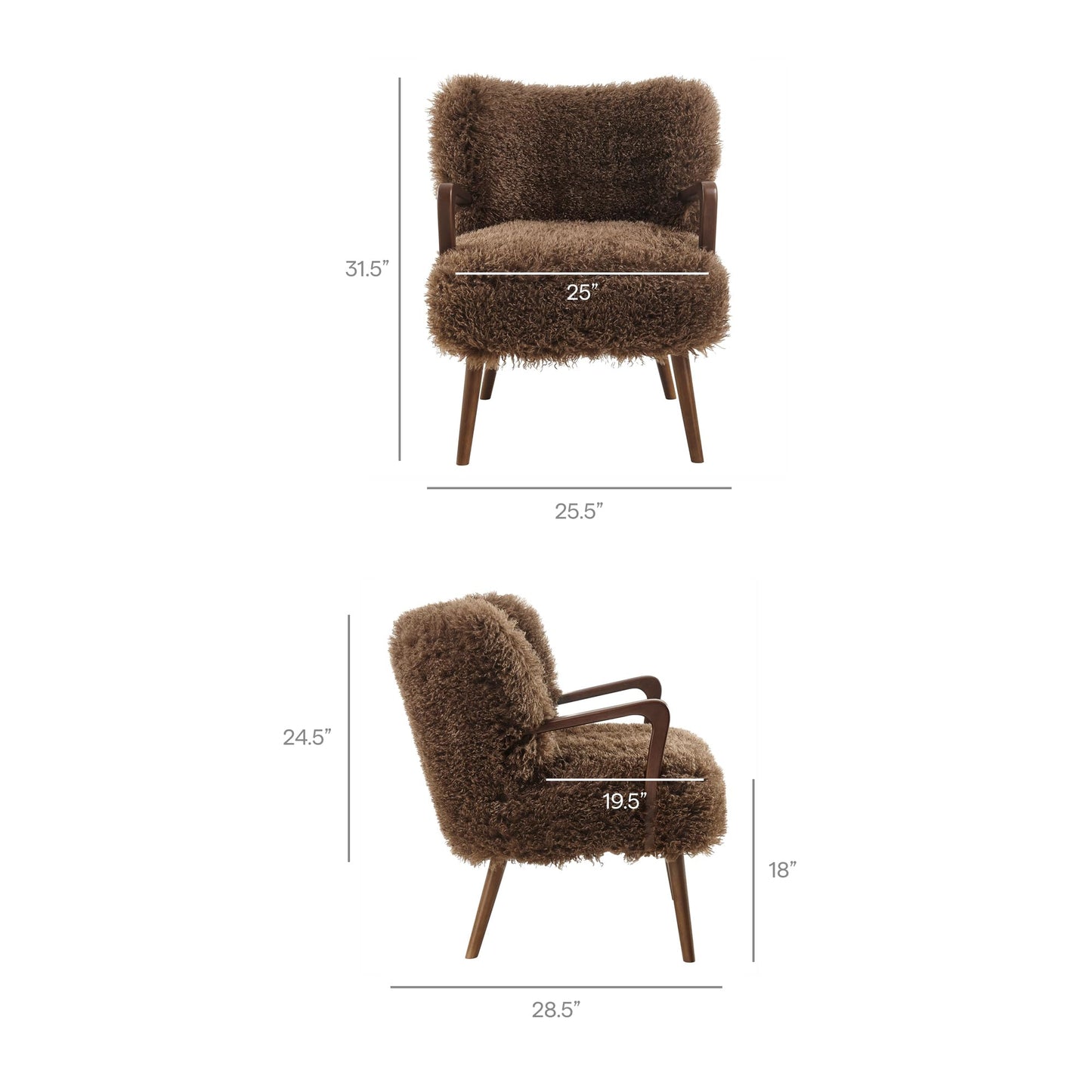 Modway Zerra Upholstered Faux Shearling Lounge Chair in Brown – Mid-Century Modern Accent Armchair with Wood Frame – Fuzzy Fabric Single Sofa Chair