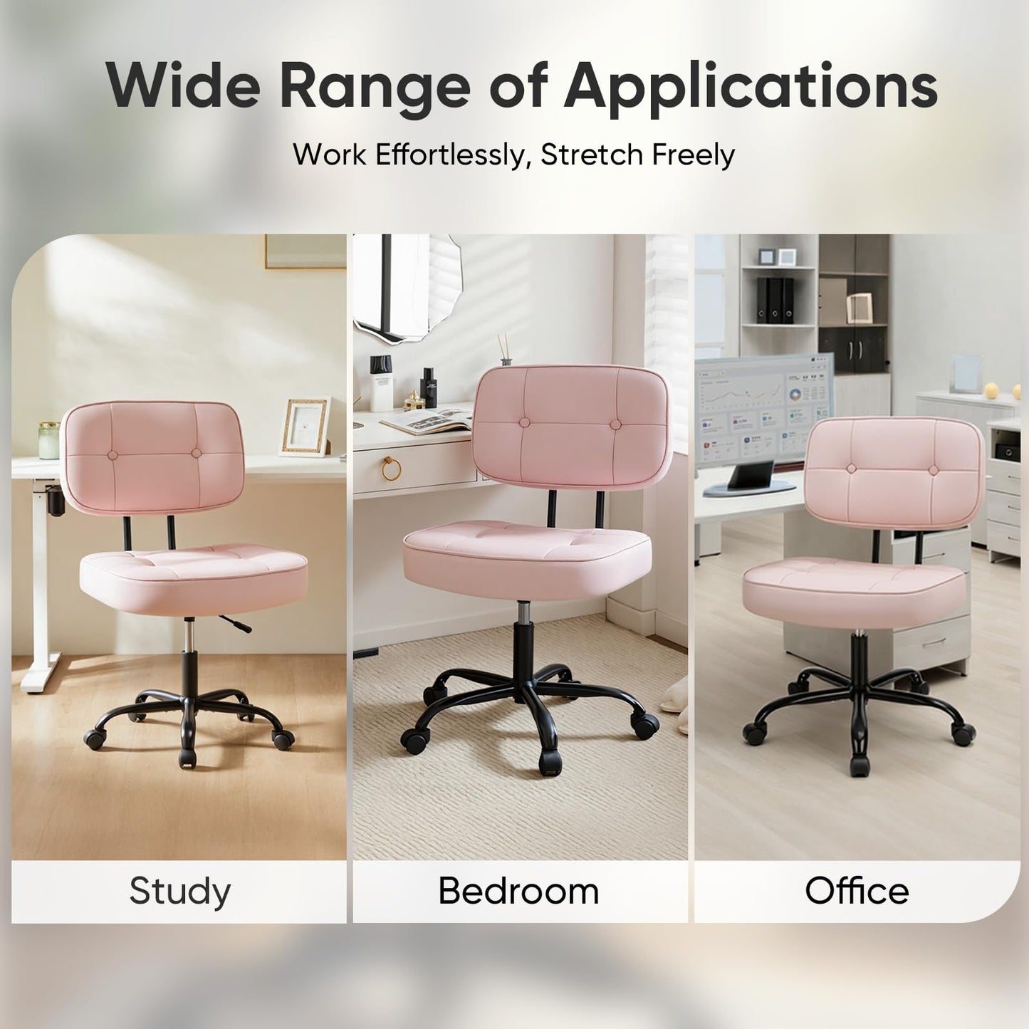 DUMOS Home Office Desk Chair - Ergonomic Armless PU Leather Computer Rolling Task Chair，with Comfy Lumbar Support and Height Adjustable, Vanity, Bedroom, Living Room, Pink