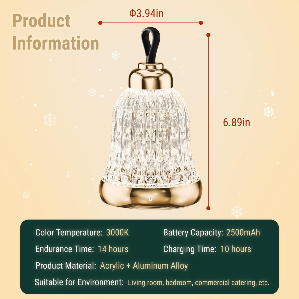 KOSTA Crystal Bell Table Lamp Rechargeable Crystal Lamp Christmas Bell Light for Decor Home Bedroom Kitchen Office Living Room Birthday Gift Lights for Bedroom/Party/Kids Room