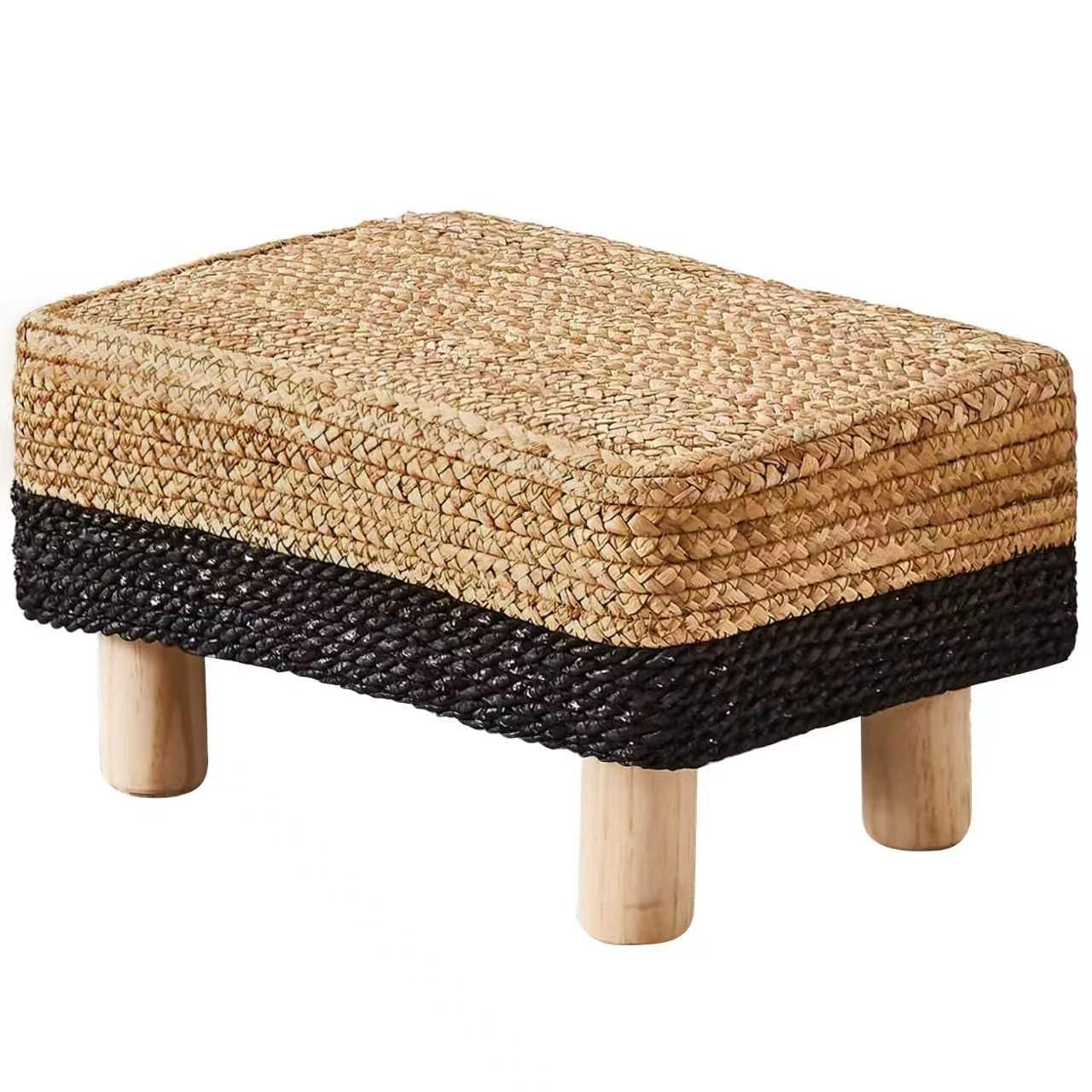 Wimarsbon Natural Seagrass Footstool Ottoman Rectangular Footrest Pouf Ottomans with Wooden Legs Hand Weave Step Stool for Living Room Bedroom Entryway Black