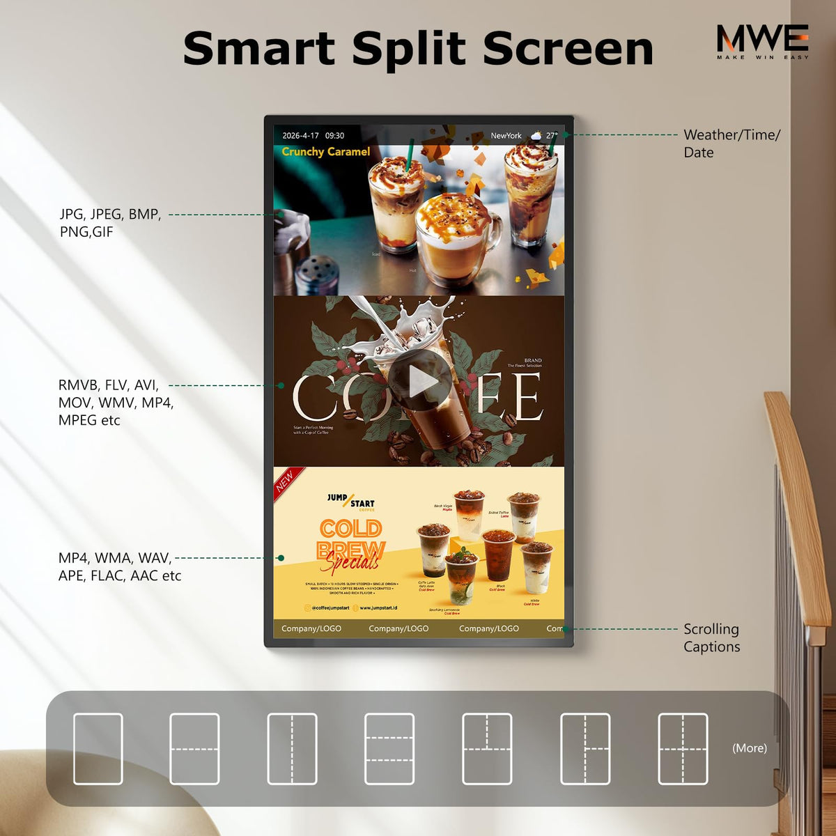 MWE 43 inch Wall Mount Digital Signage, FHD Touchscreen Monitor Android 14, Multi-Touch Screen Smart Split, Commercial Advertising Display, Time Switch, CMS Management, HD-MI/ USB/ WiFi/ for Windows