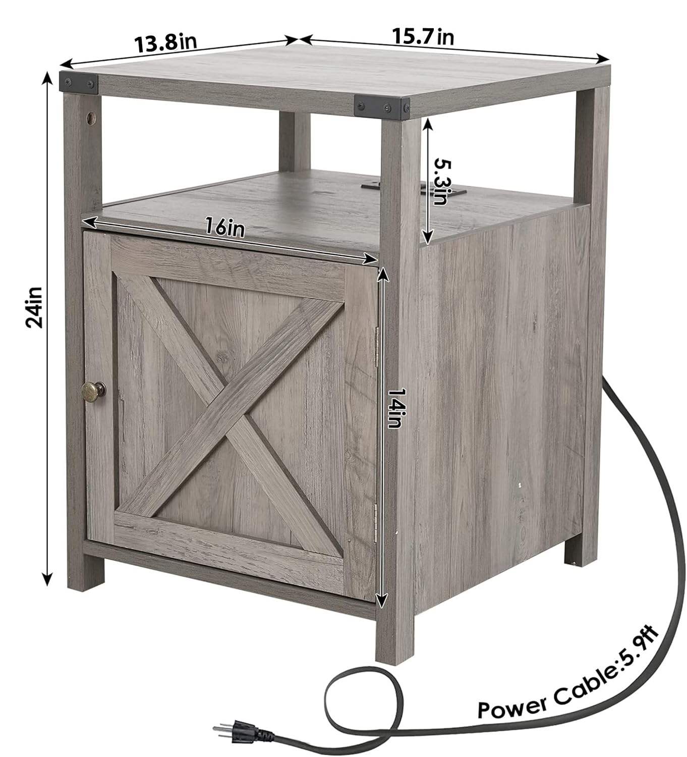 HOSEOKA Farmhouse Nightstand Set of 2 with Charging Station, Rustic End Table Bedroom with Storage Living Room Side Table Dark Oak Night Stand Industrial Bedside Bed Table with USB Ports and Outlets