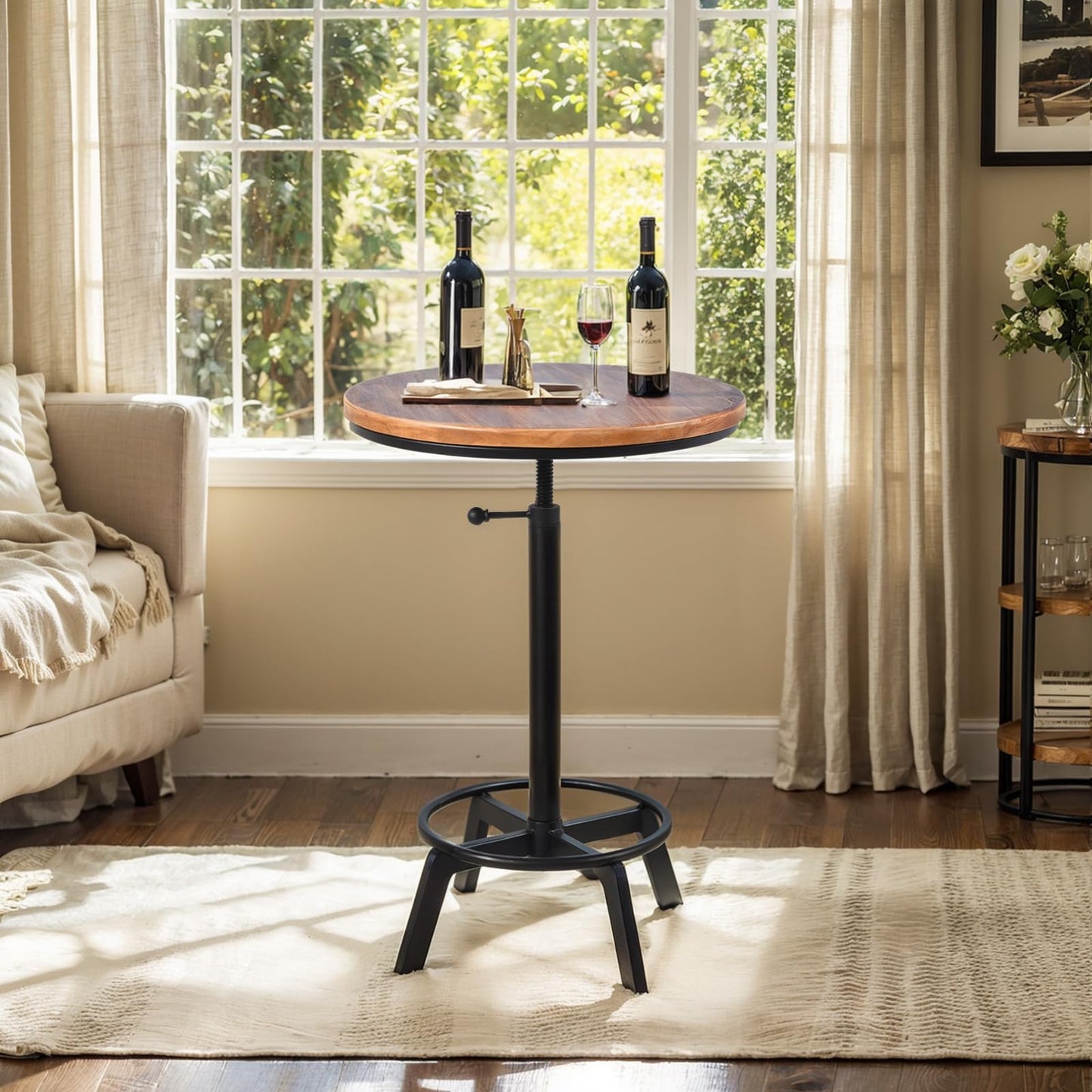 LOKKHAN Adjustable Swivel Bar Table 30"-35.4" Round Wood Tabletop 23.6" Dia, Rustic Industrial Kitchen Dining Living Party Office Coffee Bistro Breakfast Pub Table,Space-Saving