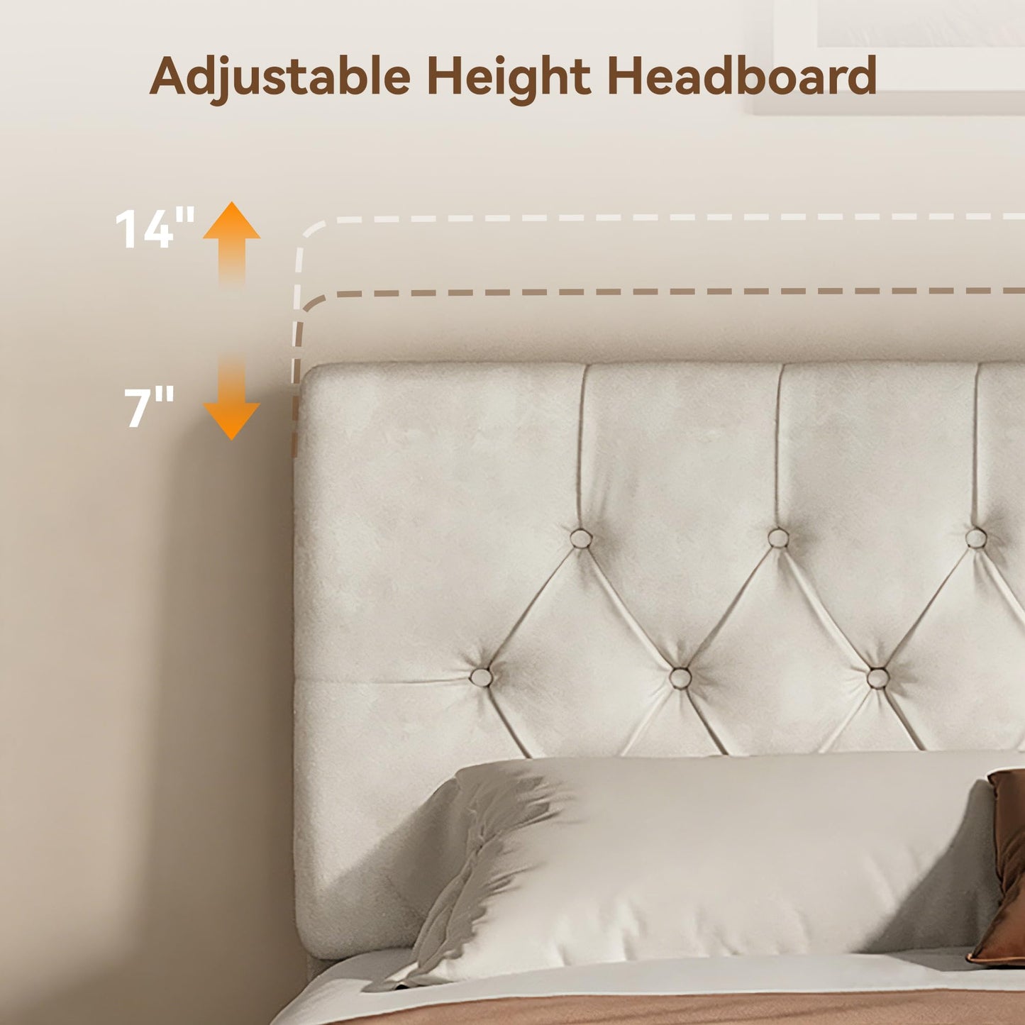 Queen Size Bed Frame with Headboard, Luxury Velvet Fabric Upholstered Bed frame with Button Tufted Design, Strong Wooden Slats Support - Low & Sturdy, Noise-Free, No Box Spring, Easy Assembly, Beige