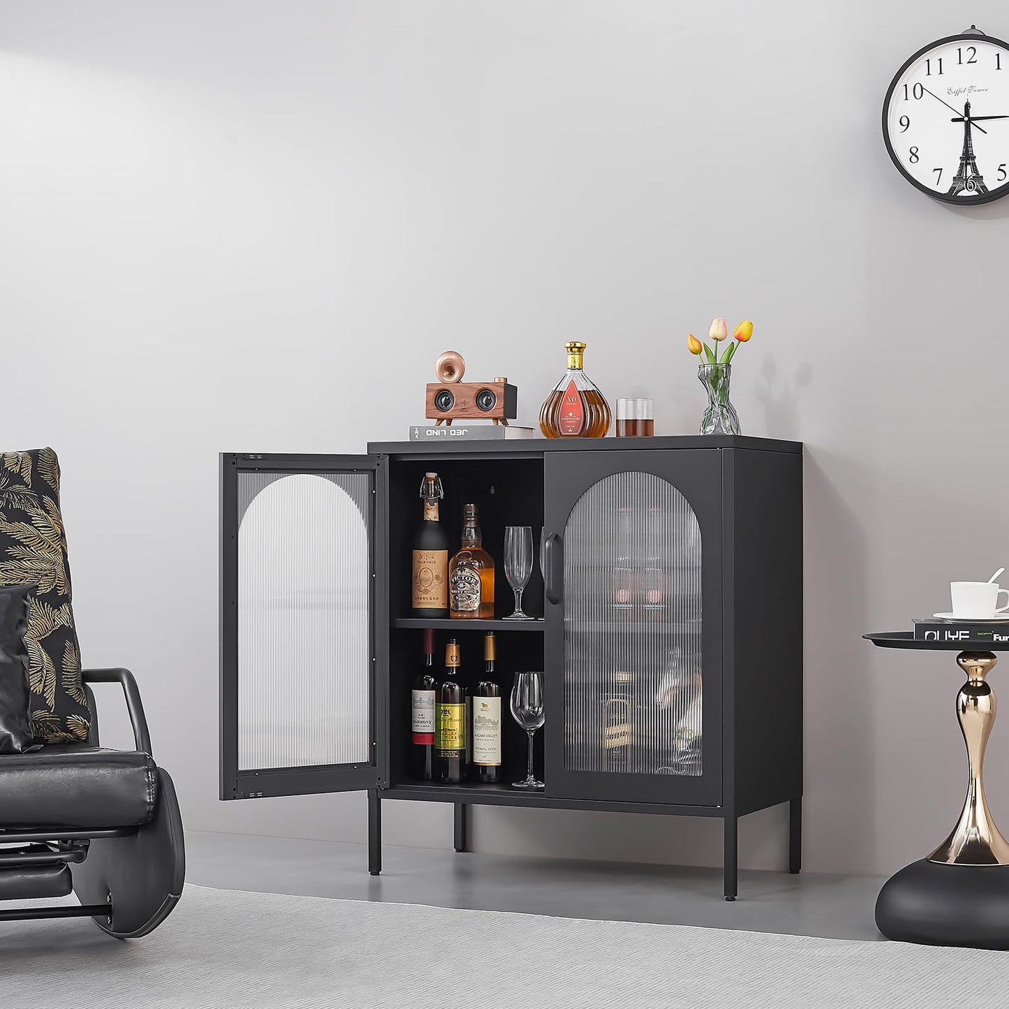 FURSTEL Buffet Cabinet, Modern Industrial Style Sideboard Buffet Cabinet, with Adjustable Shelves Credenza for Living Kitchen Dining Farmhouse, 15.8" L x 27.6" W x 35" H Black