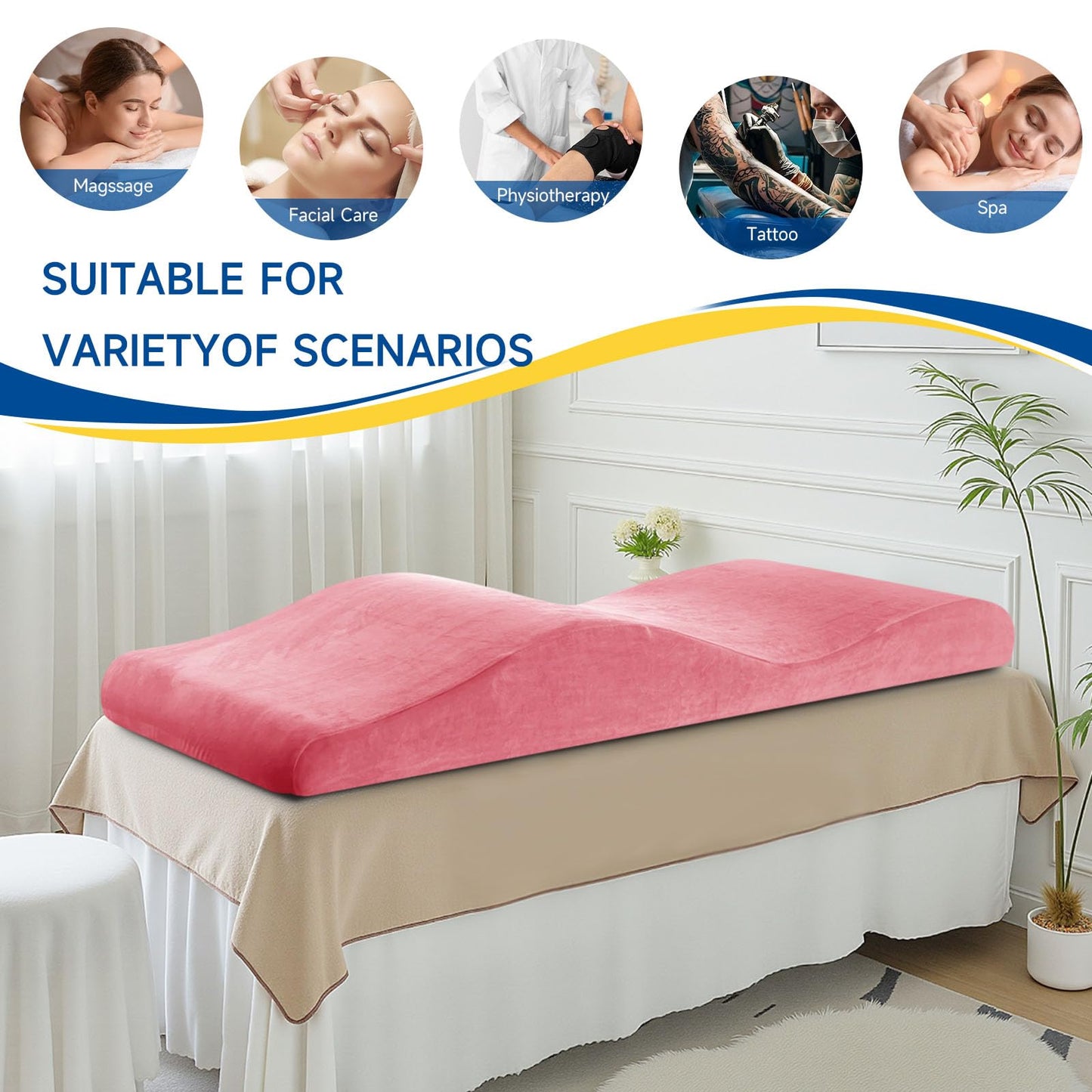 FondleFeeling Ergonomic Curved Lash Bed Topper High Density Memory Foam Massage Table Pad with Soft Plush Velvet Cover, Non Slip Lash Bed Foam Topper for Beauty Salon/Spa/Massage (Pink, 70"×24")